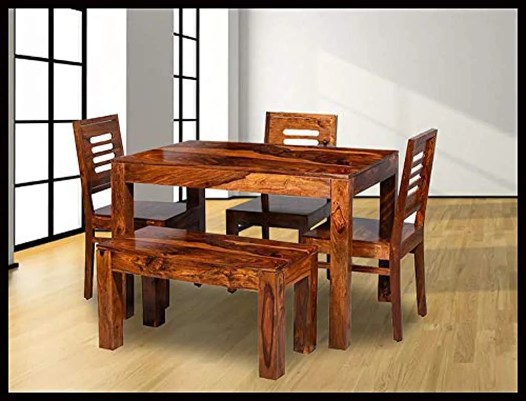 Credenza Solid Sheesham Wood Dining Table 4 Seater with 3 Chairs & 1 Bench | Home Dining Room Furniture Teak Wood Dining Table 4 Seater | Honey Finish