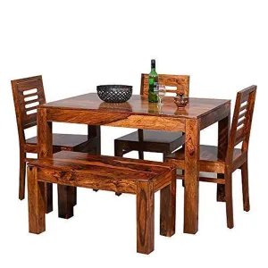 Credenza Solid Sheesham Wood Dining Table 4 Seater with 3 Chairs & 1 Bench | Home Dining Room Furniture Teak Wood Dining Table 4 Seater | Honey Finish
