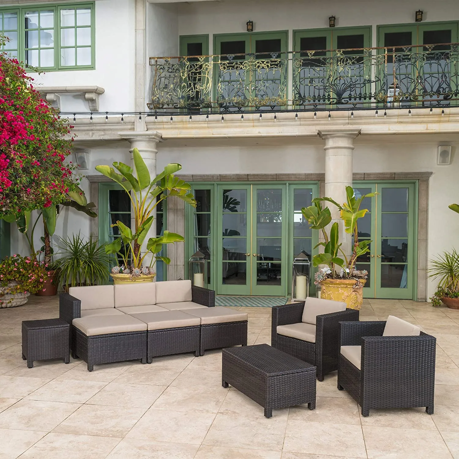 DEVOKO 8 Piece Outdoor HDPE Wicker Rattan Conversation Sofa Set with Ottomans, Side Table & Coffee Table for Balcony, Backyard (Dark Brown and Cream)