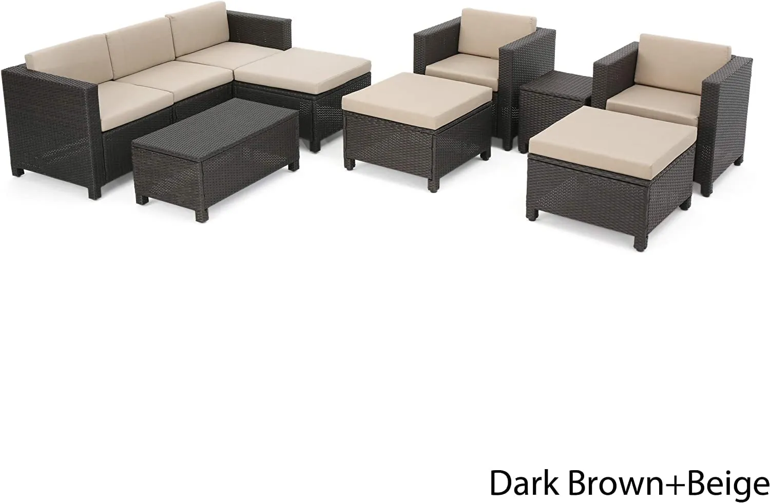 DEVOKO 8 Piece Outdoor HDPE Wicker Rattan Conversation Sofa Set with Ottomans, Side Table & Coffee Table for Balcony, Backyard (Dark Brown and Cream)