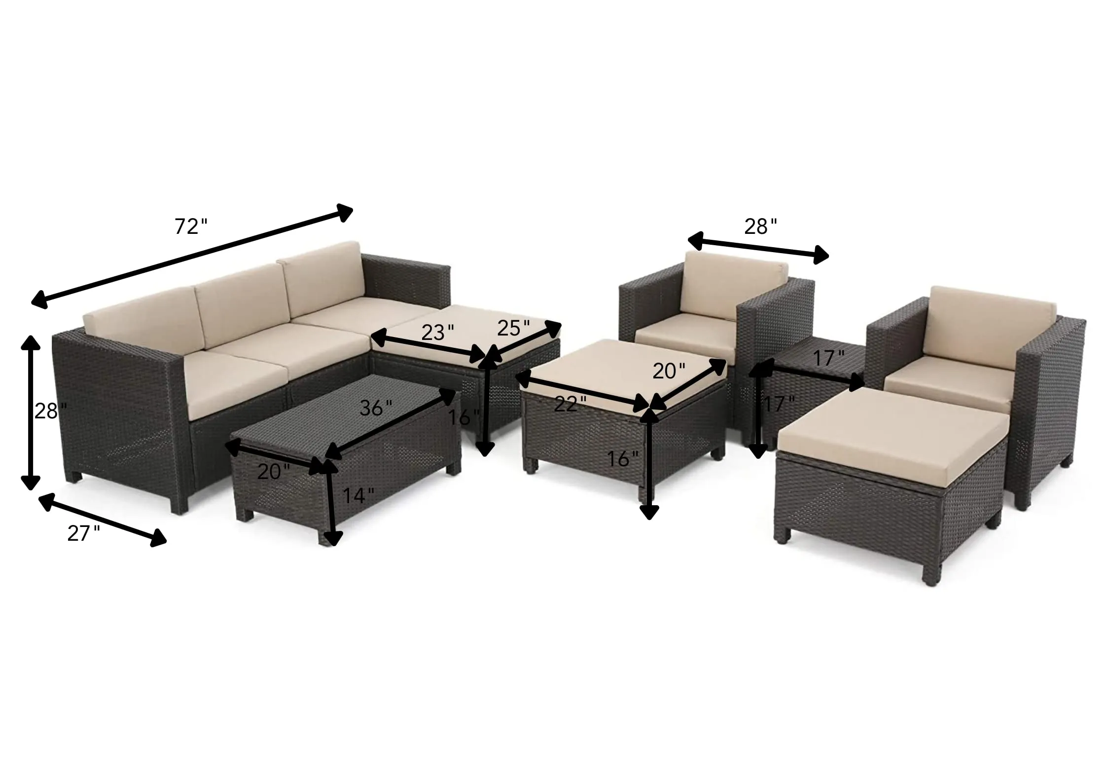DEVOKO 8 Piece Outdoor HDPE Wicker Rattan Conversation Sofa Set with Ottomans, Side Table & Coffee Table for Balcony, Backyard (Dark Brown and Cream)
