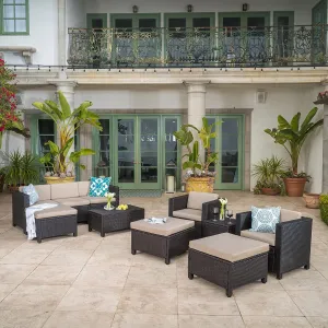 DEVOKO 8 Piece Outdoor HDPE Wicker Rattan Conversation Sofa Set with Ottomans, Side Table & Coffee Table for Balcony, Backyard (Dark Brown and Cream)