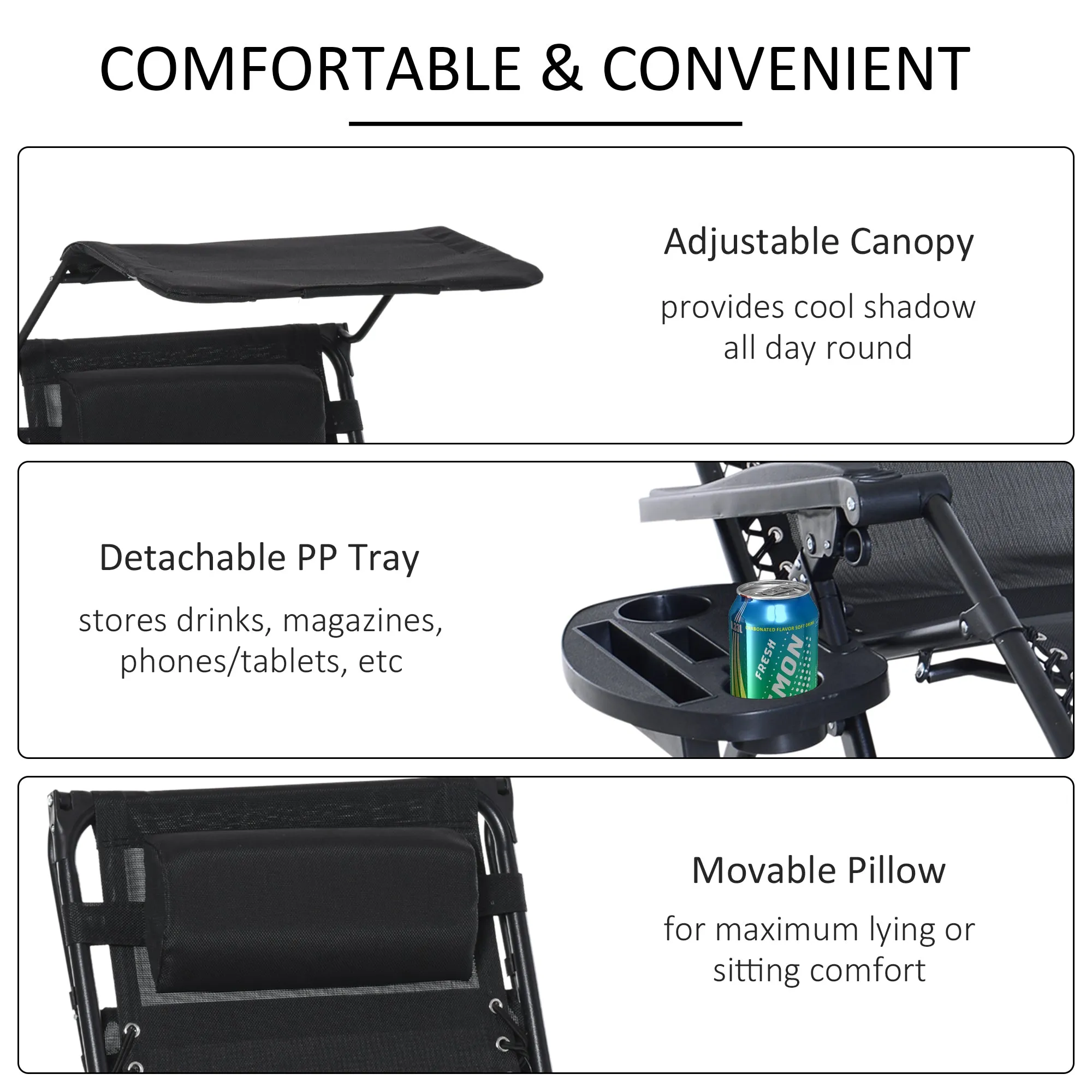 Garden Rocking Chair Folding Recliner Outdoor Adjustable Sun Lounger Rocker Zero-Gravity Seat with Headrest Side Holder Patio Deck - Black