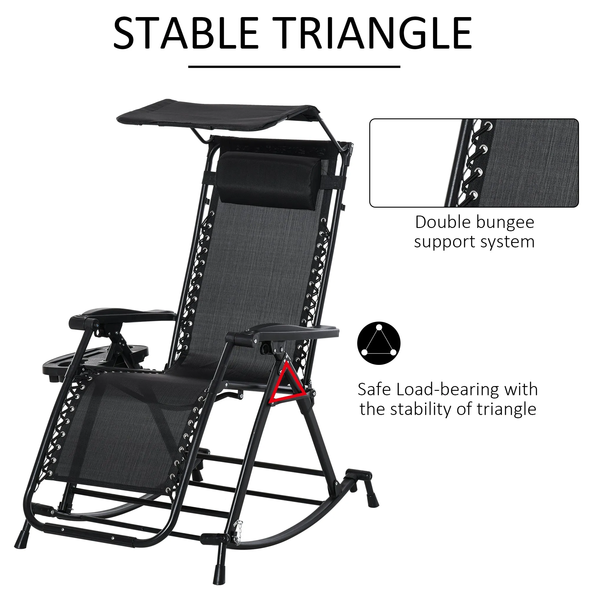 Garden Rocking Chair Folding Recliner Outdoor Adjustable Sun Lounger Rocker Zero-Gravity Seat with Headrest Side Holder Patio Deck - Black