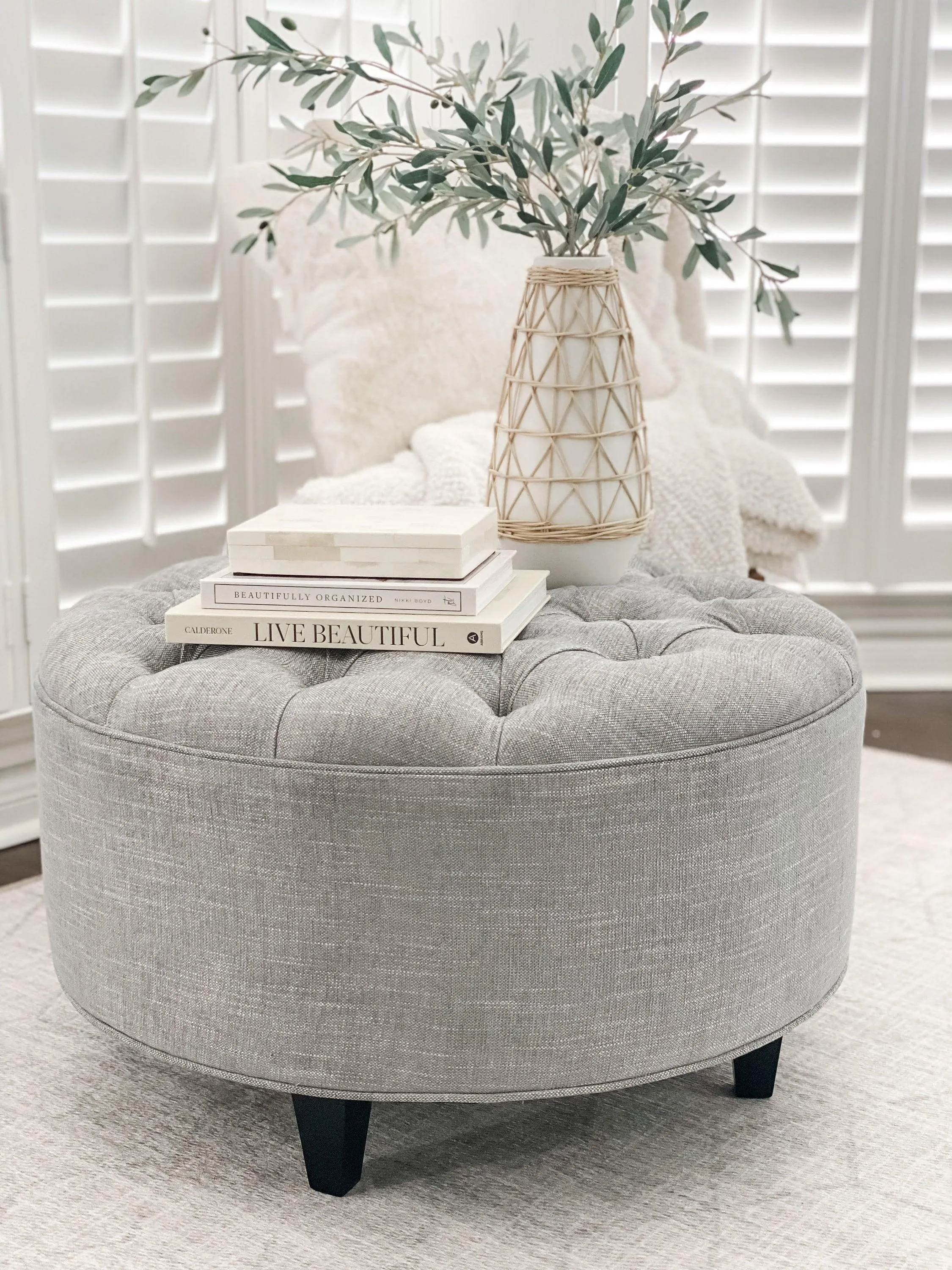 Grey Linen Tufted Upholstered Ottoman