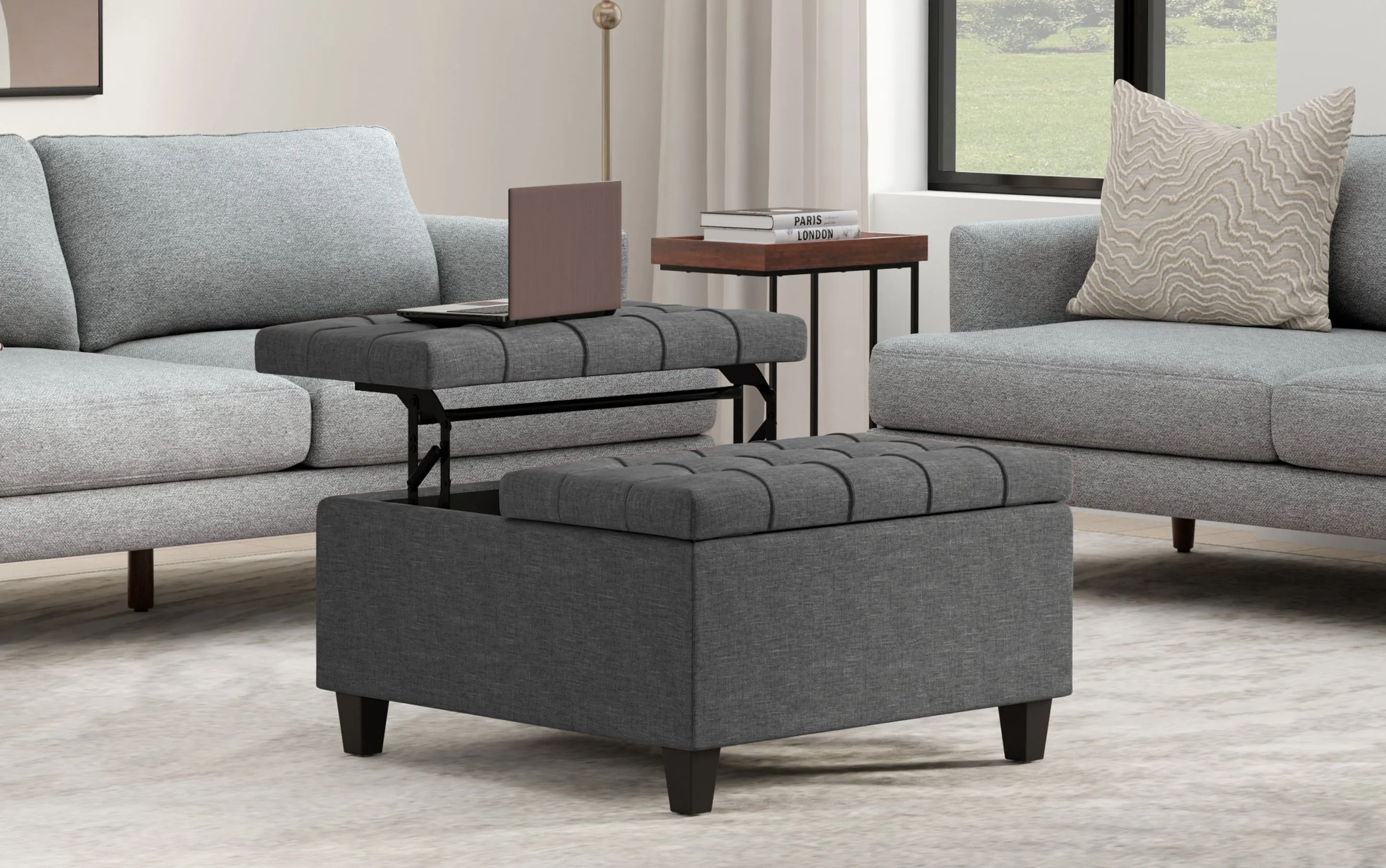 Harrison Small Square Coffee Table Storage Ottoman in Linen