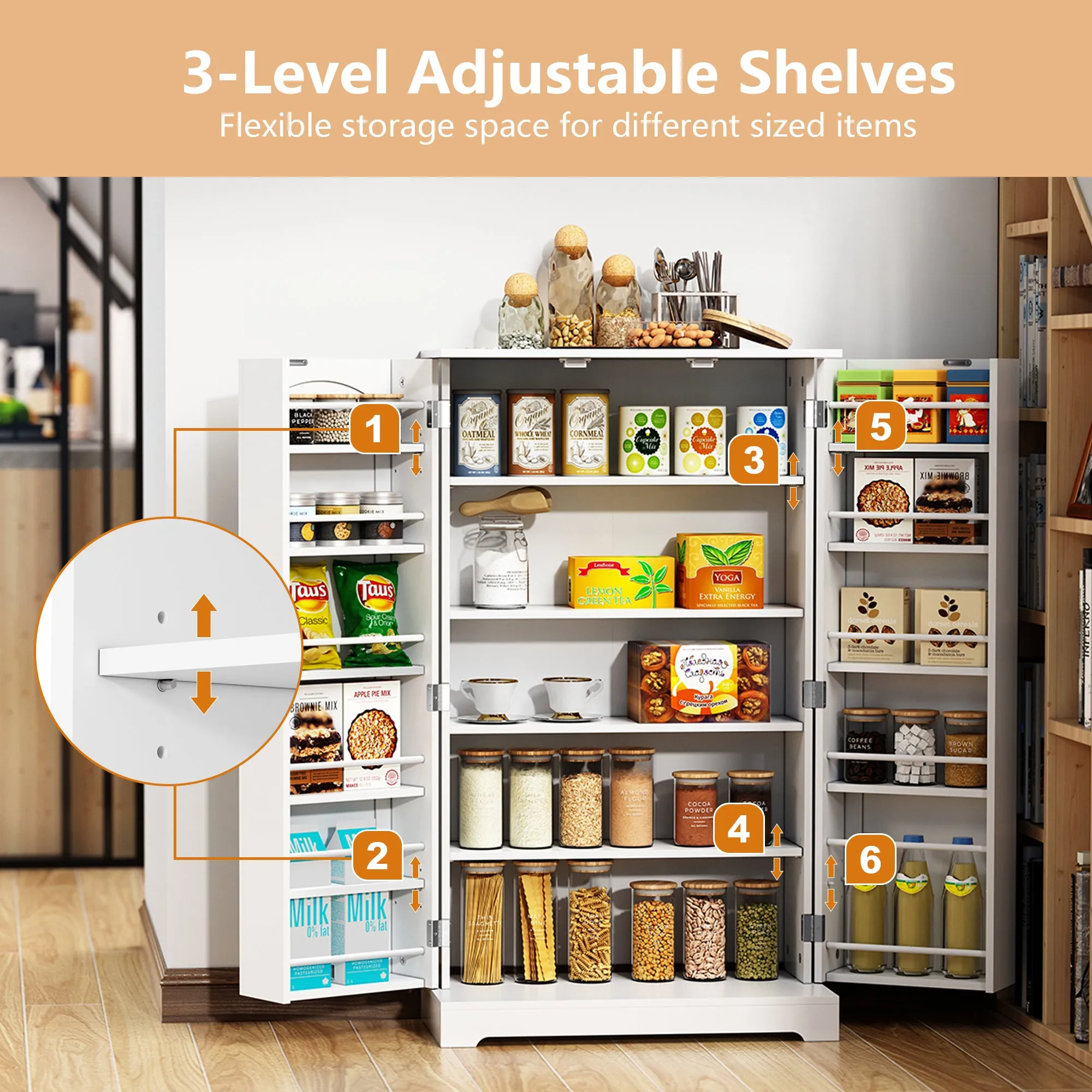 HLR 41" Classic White Freestanding Kitchen Pantry Cabinet with Doors & Adjustable Shelves, Food Storage for Kitchen, Dining, Living & Garage