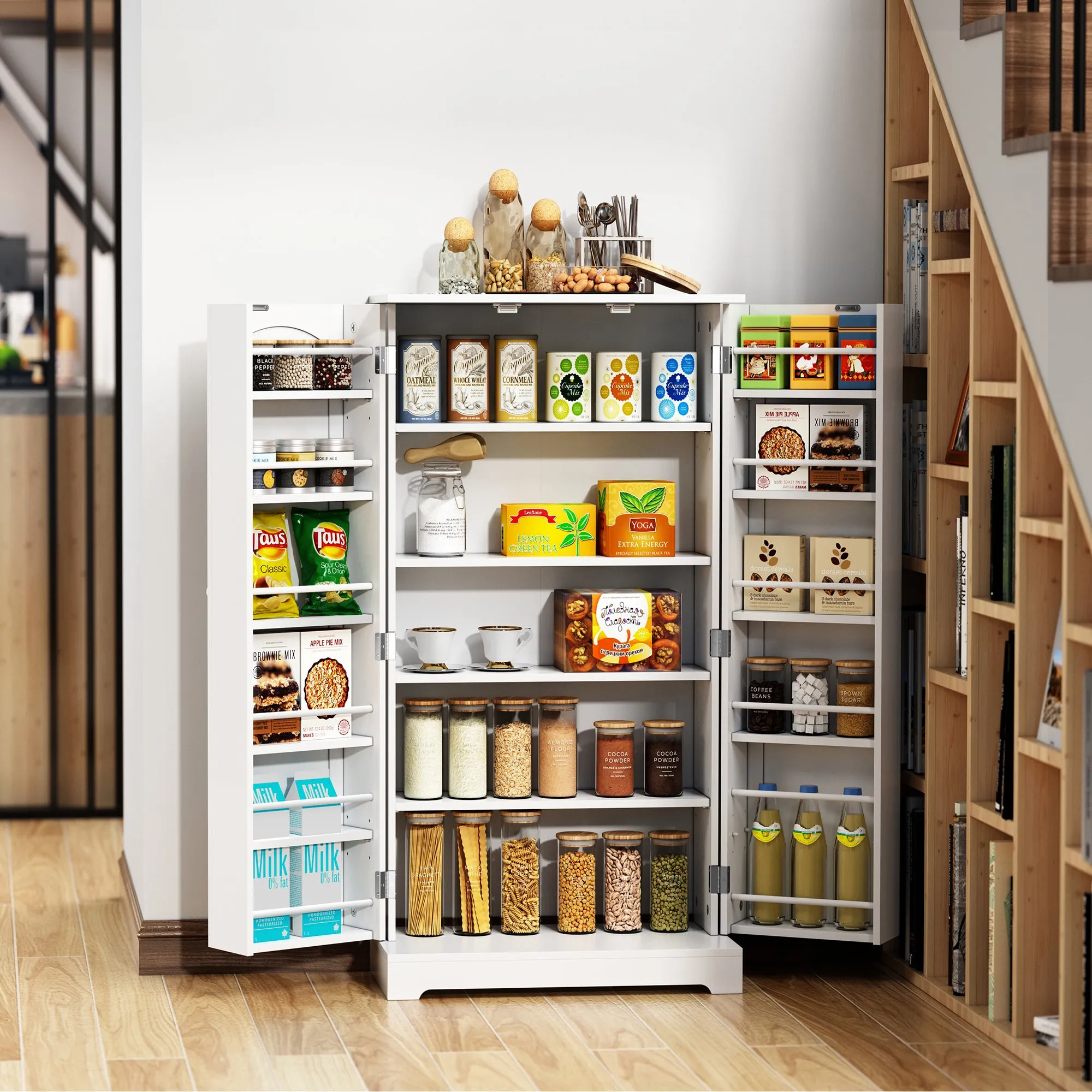 HLR 41" Classic White Freestanding Kitchen Pantry Cabinet with Doors & Adjustable Shelves, Food Storage for Kitchen, Dining, Living & Garage