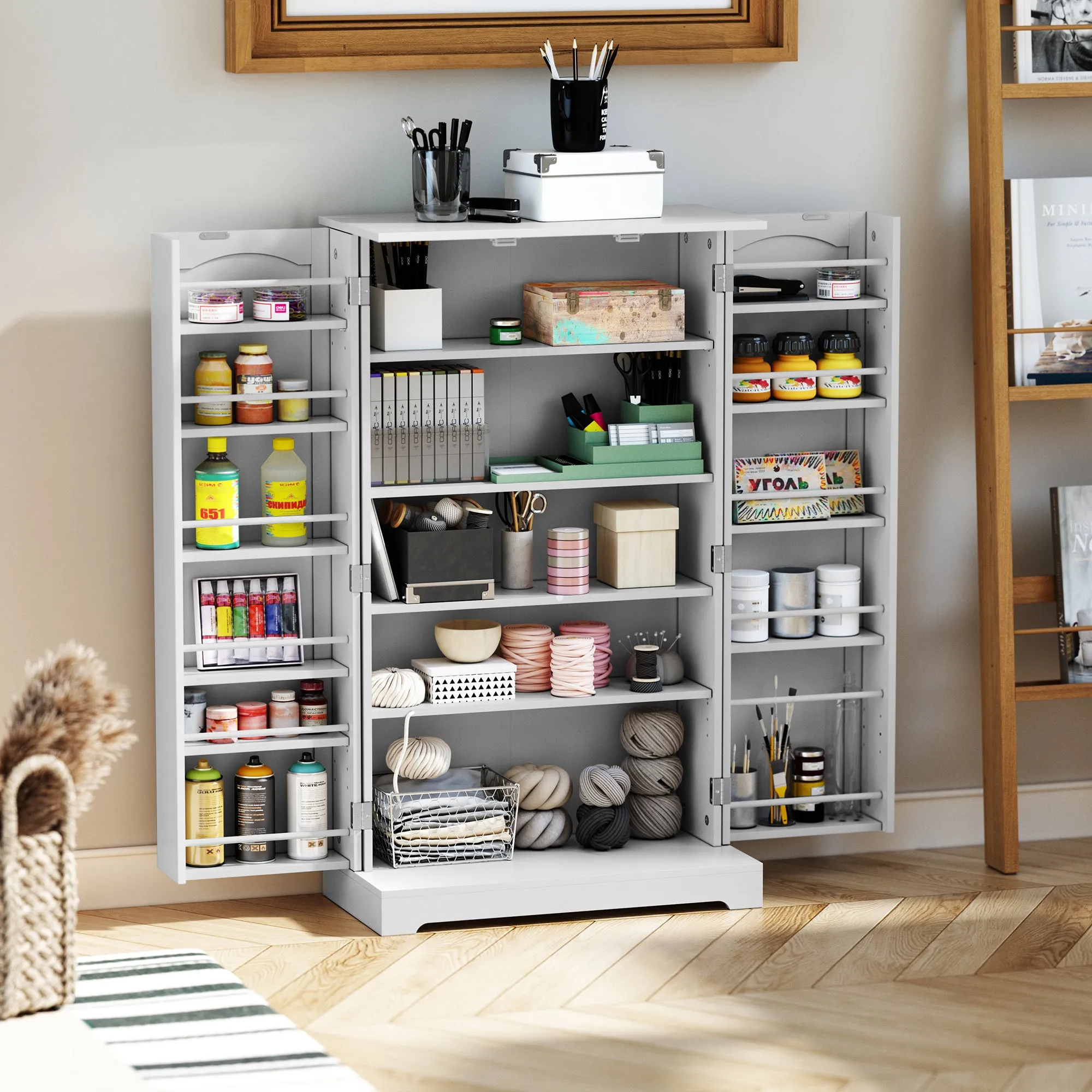 HLR 41" Classic White Freestanding Kitchen Pantry Cabinet with Doors & Adjustable Shelves, Food Storage for Kitchen, Dining, Living & Garage