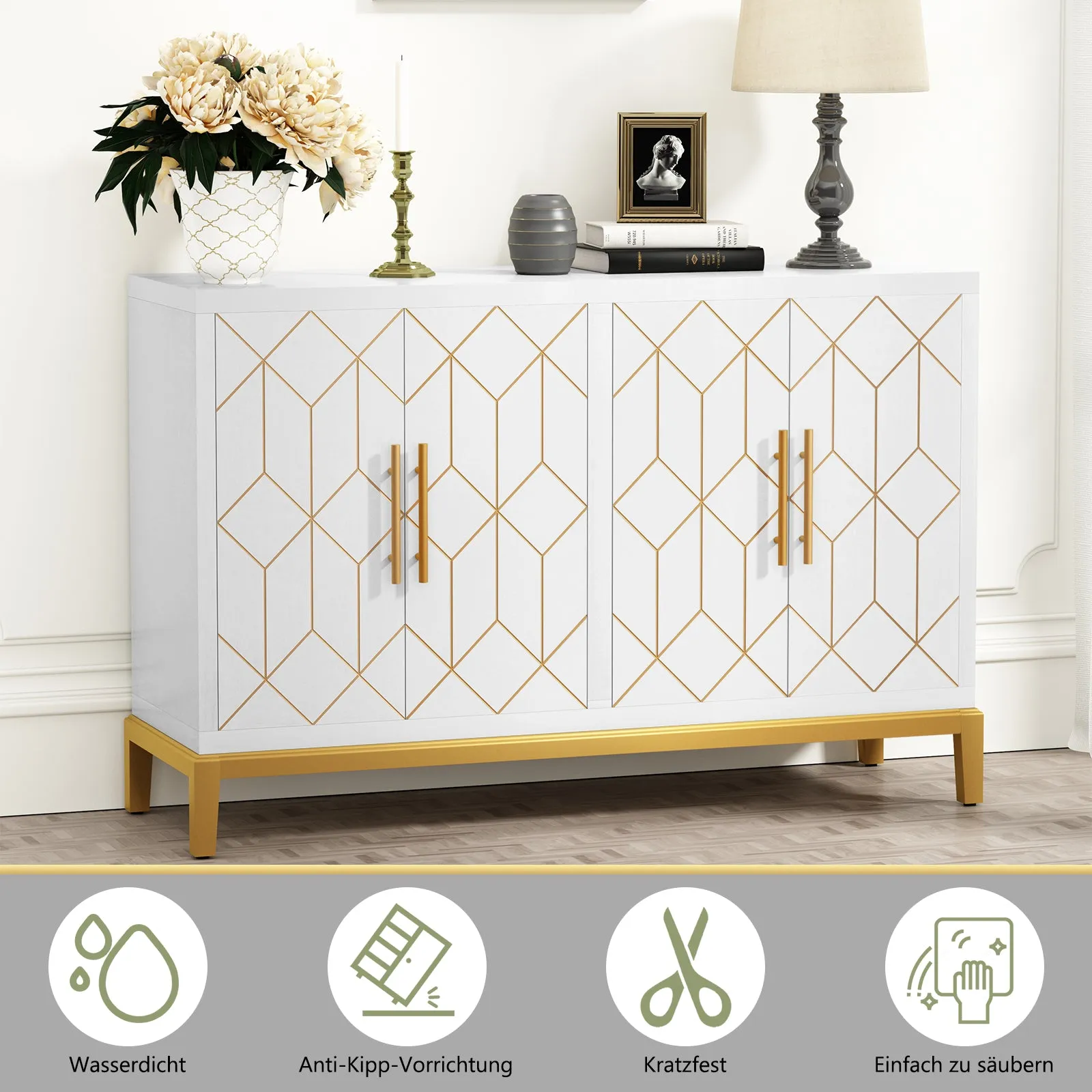 HLR 48" Green Modern Credenza with 4-Door & Gold Trim, Accent Buffet Cabinet with Shelves for Living, Kitchen, Dining & Hallway