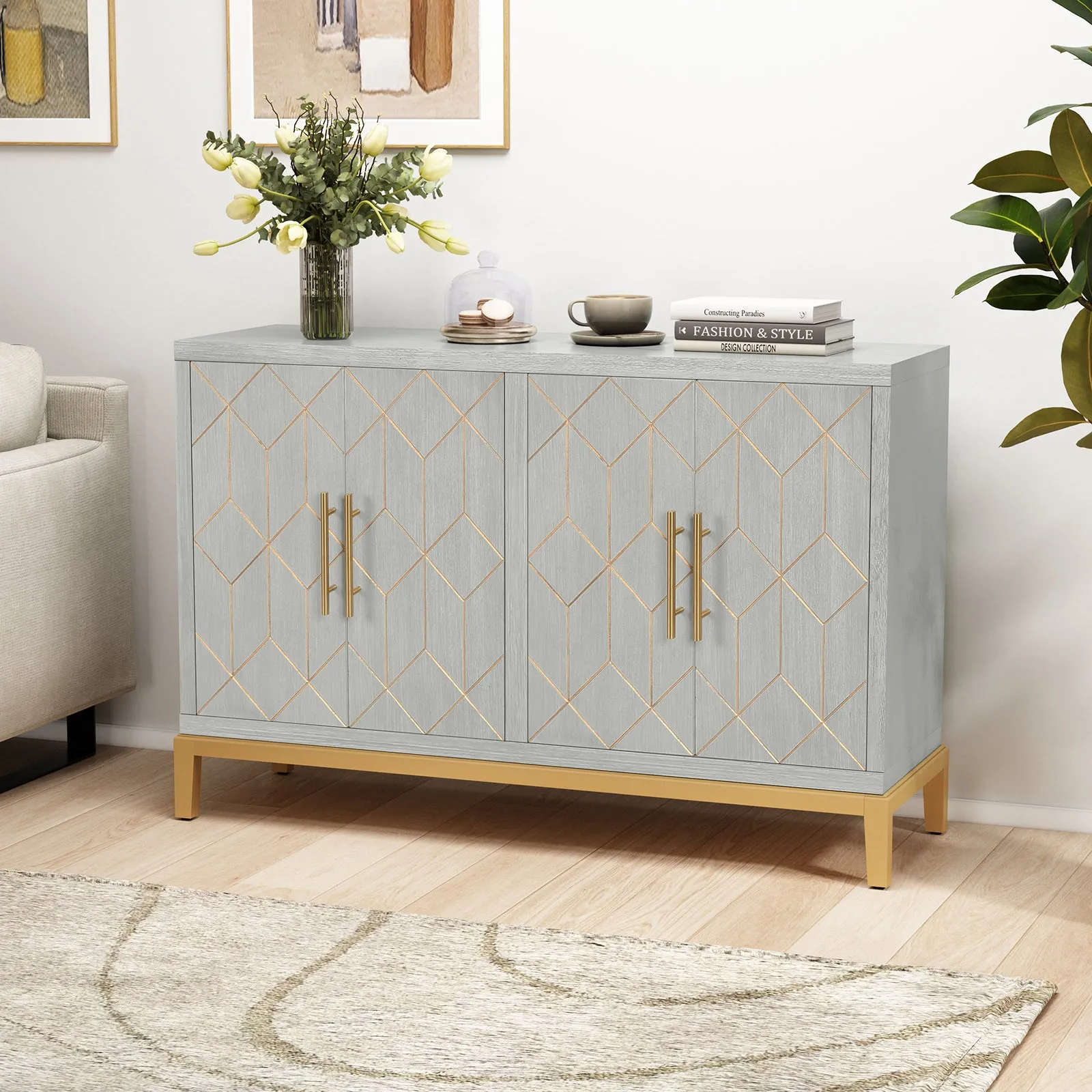HLR 48" Green Modern Credenza with 4-Door & Gold Trim, Accent Buffet Cabinet with Shelves for Living, Kitchen, Dining & Hallway