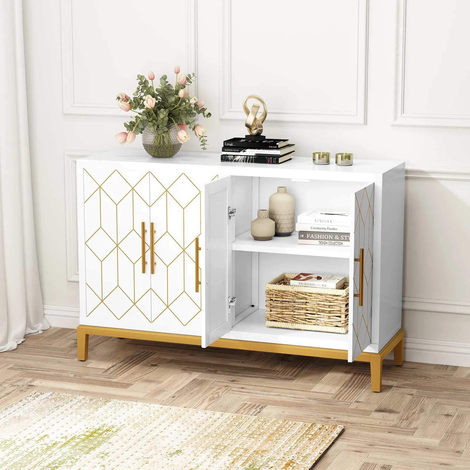 HLR 48" Green Modern Credenza with 4-Door & Gold Trim, Accent Buffet Cabinet with Shelves for Living, Kitchen, Dining & Hallway