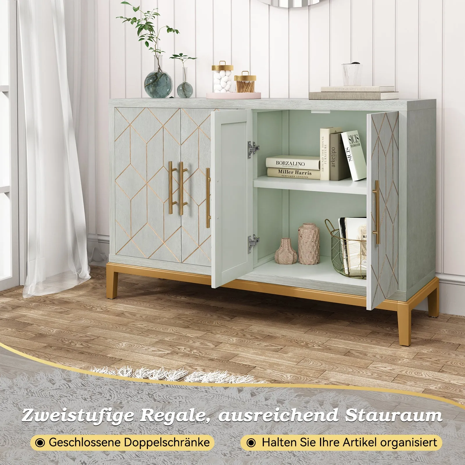 HLR 48" Green Modern Credenza with 4-Door & Gold Trim, Accent Buffet Cabinet with Shelves for Living, Kitchen, Dining & Hallway