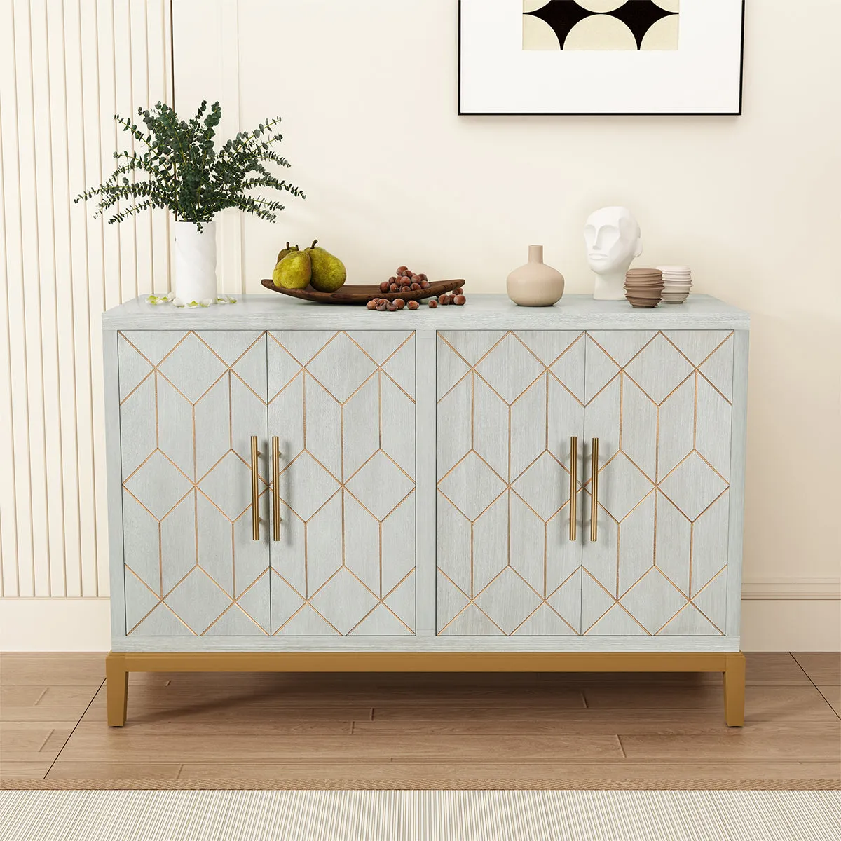 HLR 48" Green Modern Credenza with 4-Door & Gold Trim, Accent Buffet Cabinet with Shelves for Living, Kitchen, Dining & Hallway