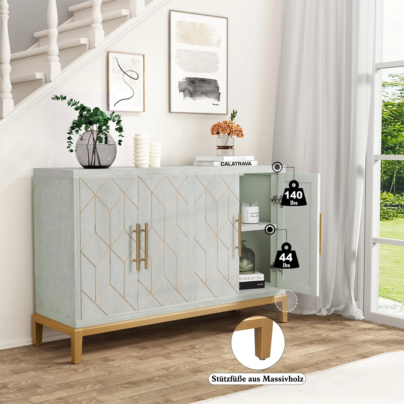 HLR 48" Green Modern Credenza with 4-Door & Gold Trim, Accent Buffet Cabinet with Shelves for Living, Kitchen, Dining & Hallway
