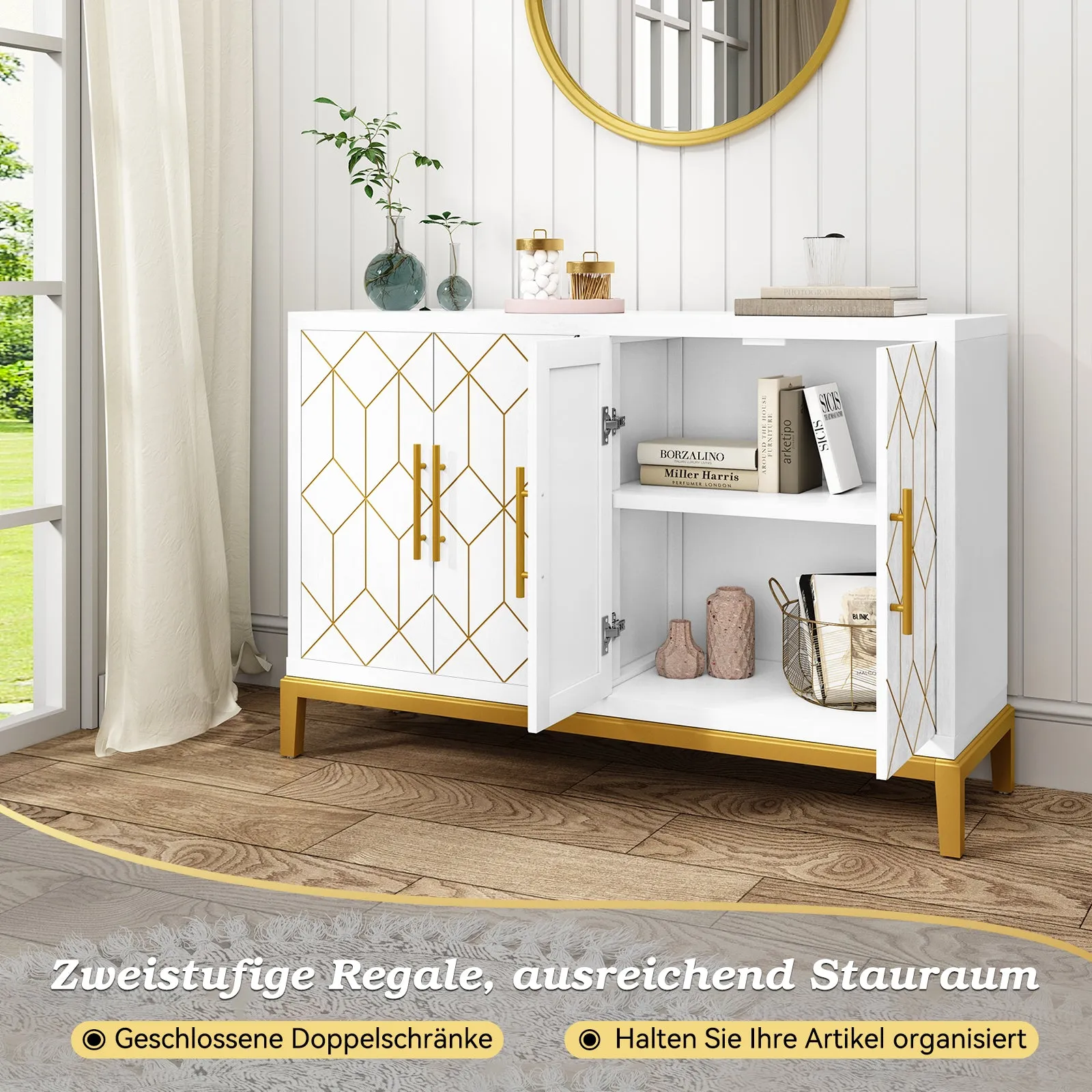 HLR 48" Green Modern Credenza with 4-Door & Gold Trim, Accent Buffet Cabinet with Shelves for Living, Kitchen, Dining & Hallway