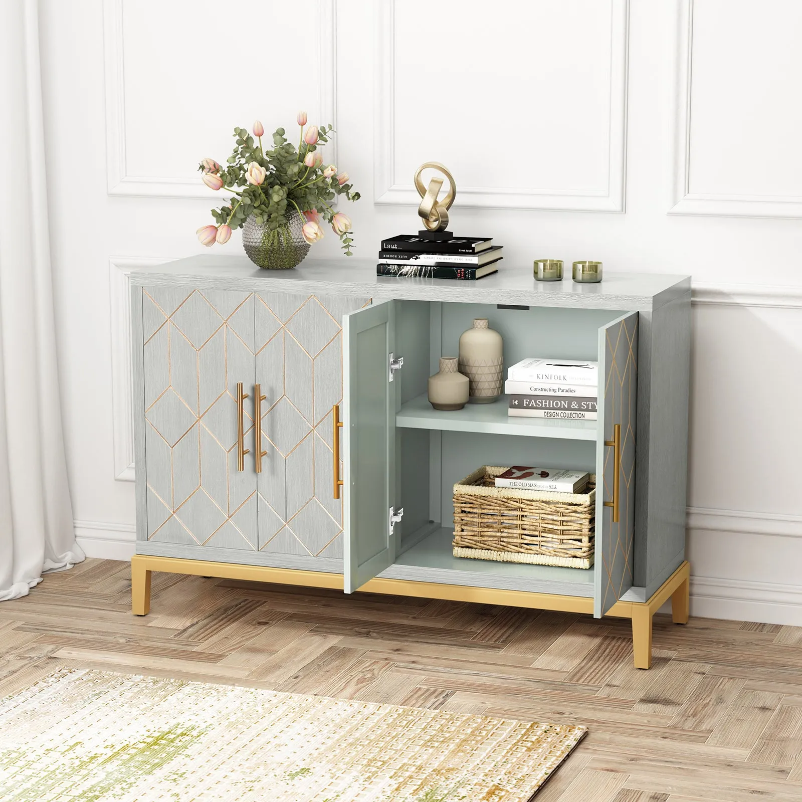 HLR 48" Green Modern Credenza with 4-Door & Gold Trim, Accent Buffet Cabinet with Shelves for Living, Kitchen, Dining & Hallway
