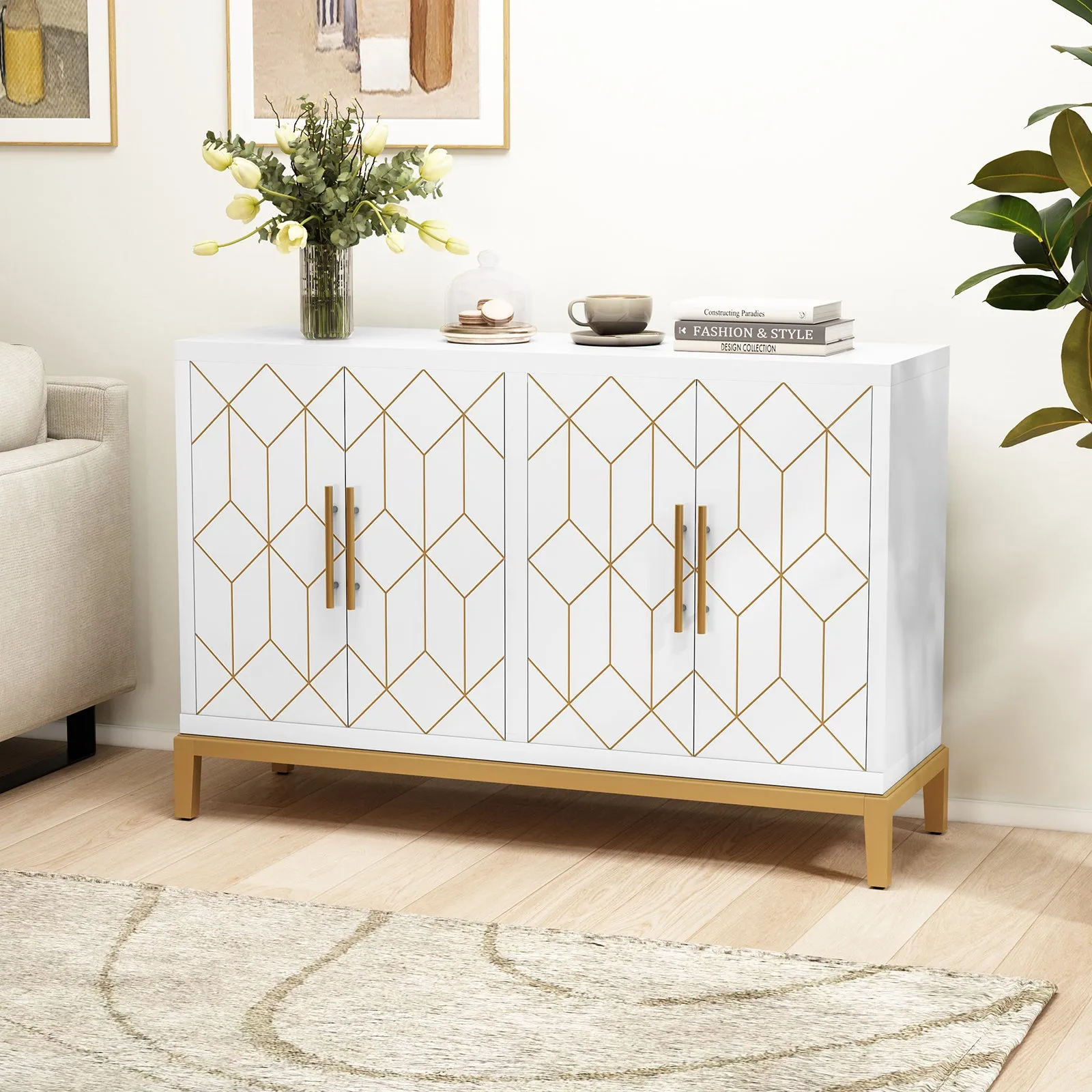 HLR 48" Green Modern Credenza with 4-Door & Gold Trim, Accent Buffet Cabinet with Shelves for Living, Kitchen, Dining & Hallway