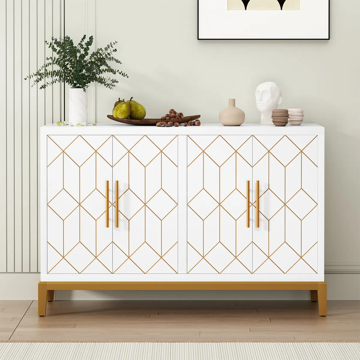 HLR 48" Green Modern Credenza with 4-Door & Gold Trim, Accent Buffet Cabinet with Shelves for Living, Kitchen, Dining & Hallway