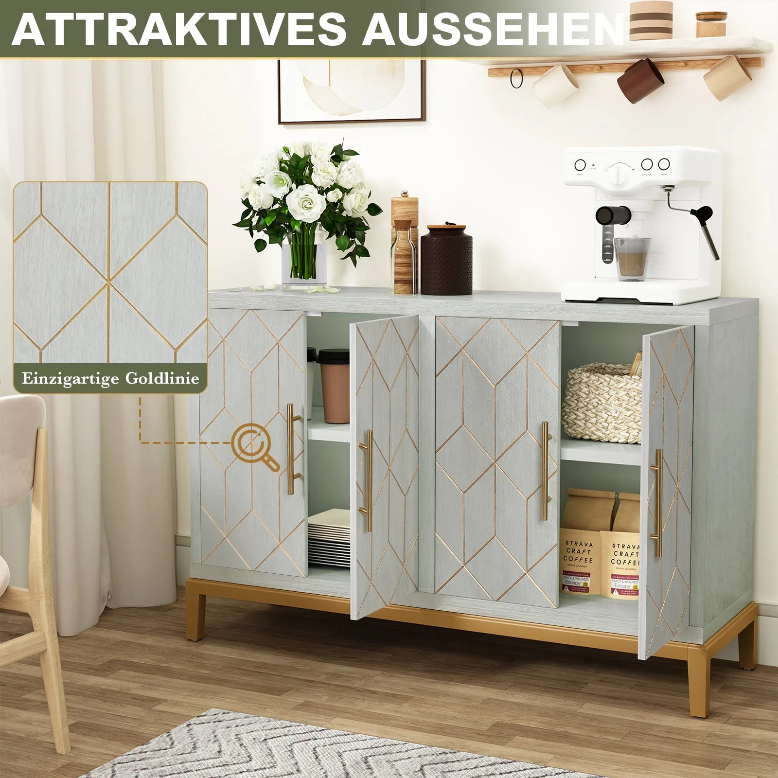 HLR 48" Green Modern Credenza with 4-Door & Gold Trim, Accent Buffet Cabinet with Shelves for Living, Kitchen, Dining & Hallway