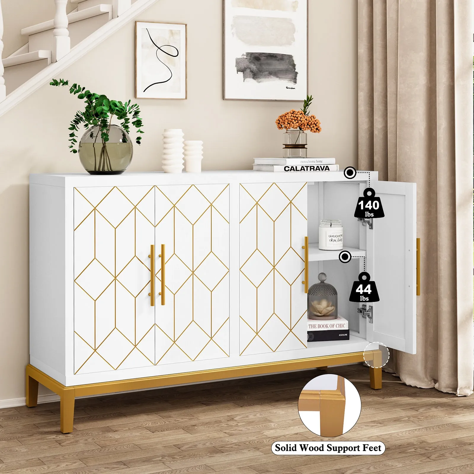 HLR 48" Green Modern Credenza with 4-Door & Gold Trim, Accent Buffet Cabinet with Shelves for Living, Kitchen, Dining & Hallway