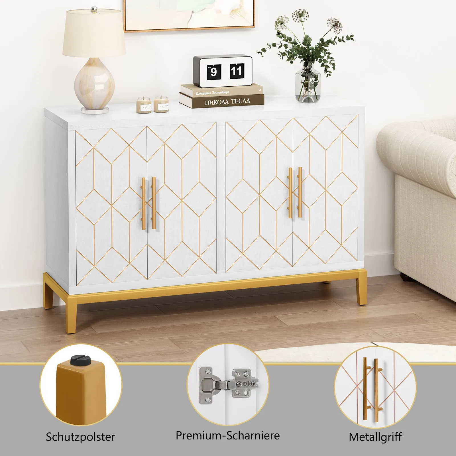 HLR 48" Green Modern Credenza with 4-Door & Gold Trim, Accent Buffet Cabinet with Shelves for Living, Kitchen, Dining & Hallway