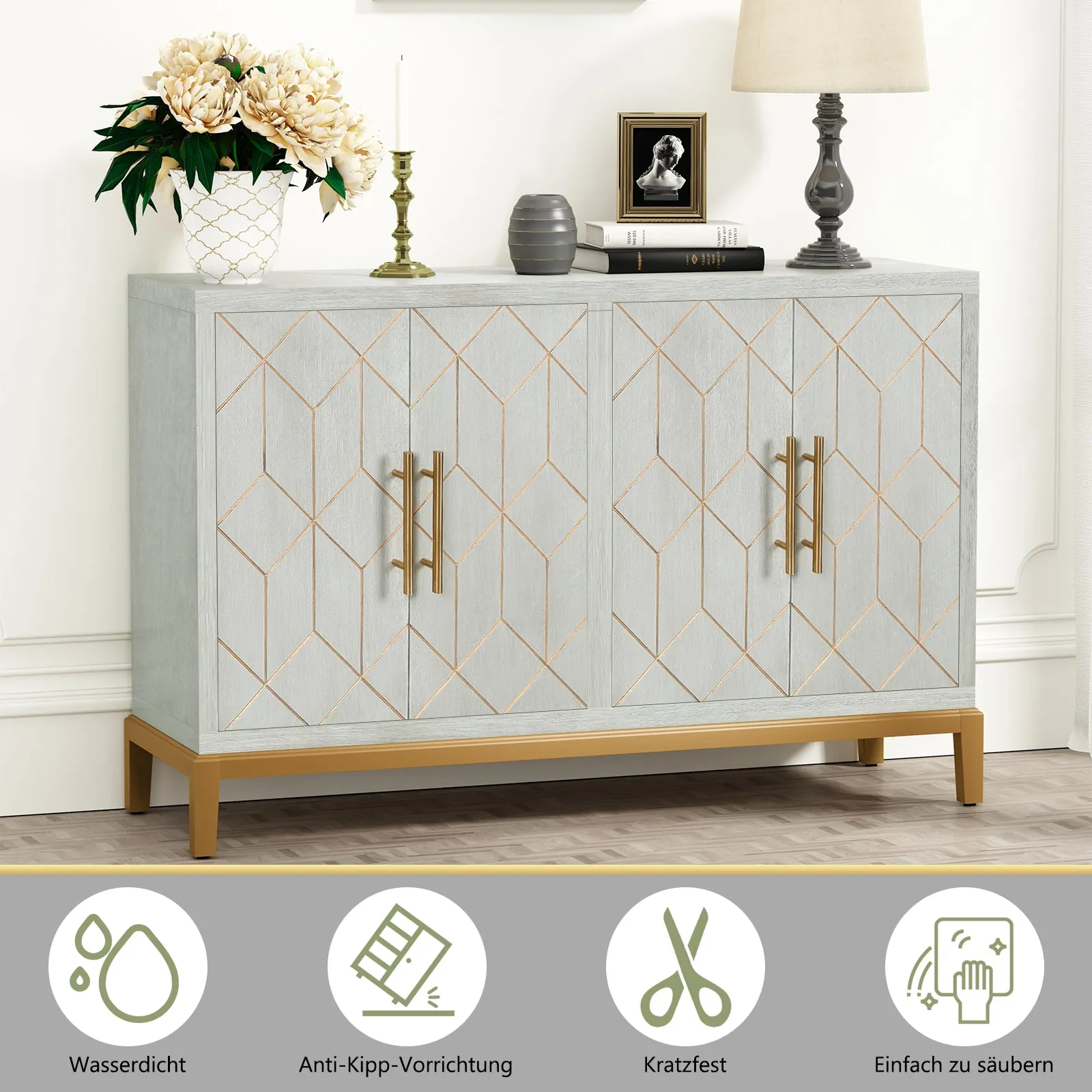 HLR 48" Green Modern Credenza with 4-Door & Gold Trim, Accent Buffet Cabinet with Shelves for Living, Kitchen, Dining & Hallway
