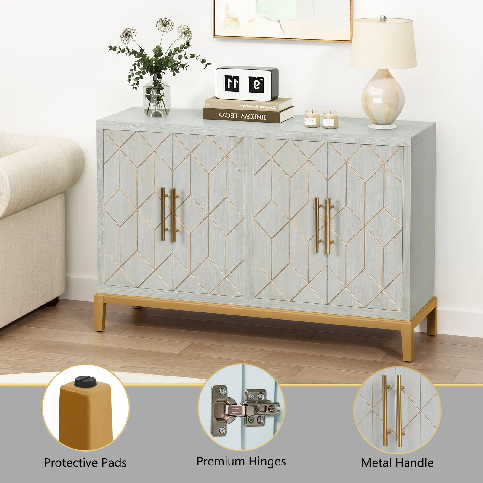 HLR 48" Green Modern Credenza with 4-Door & Gold Trim, Accent Buffet Cabinet with Shelves for Living, Kitchen, Dining & Hallway