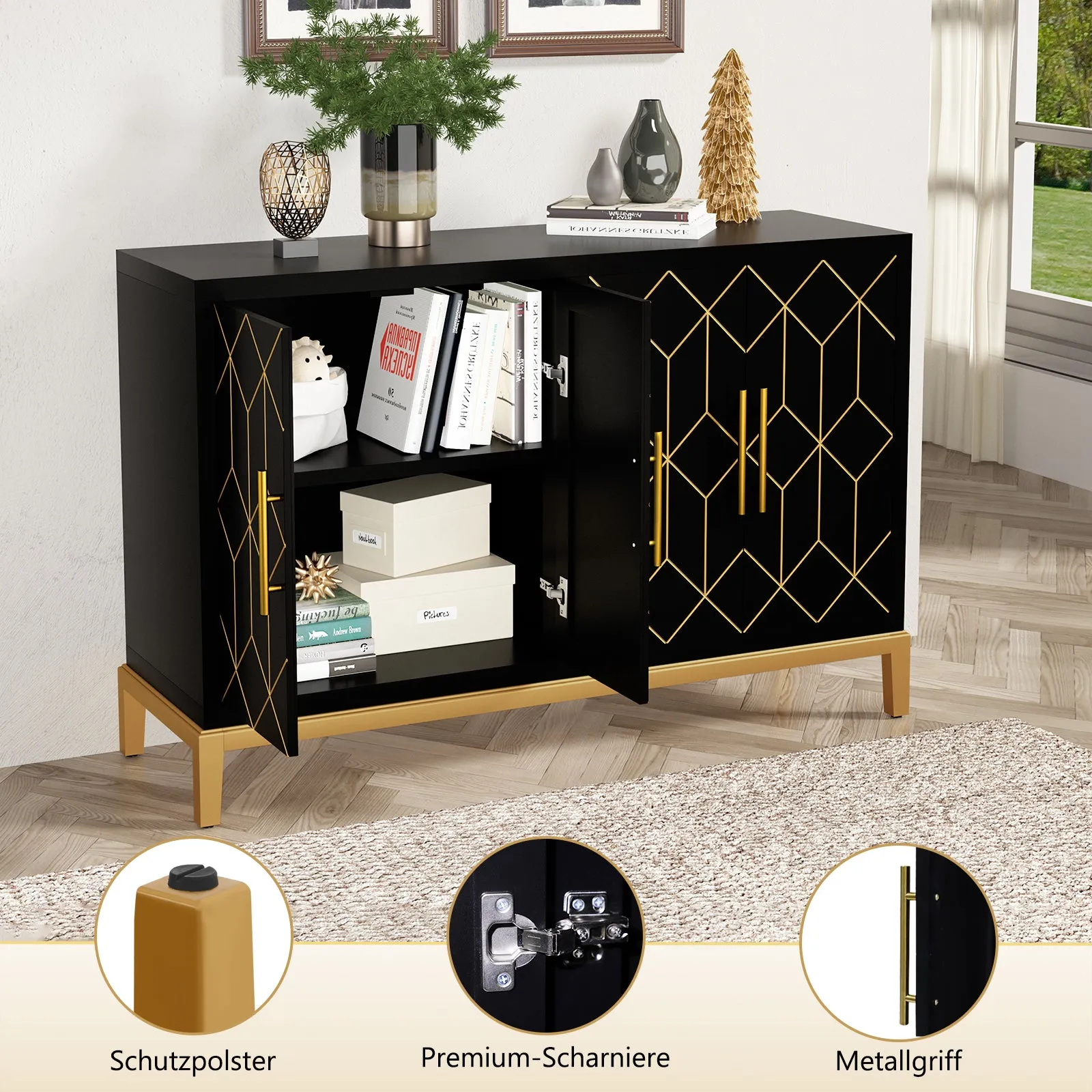 HLR Black 4-Door Modern Credenza with Carved Decor, Multi-Functional Accent Buffet Sideboard for Living Room, Kitchen, Office & Hallway