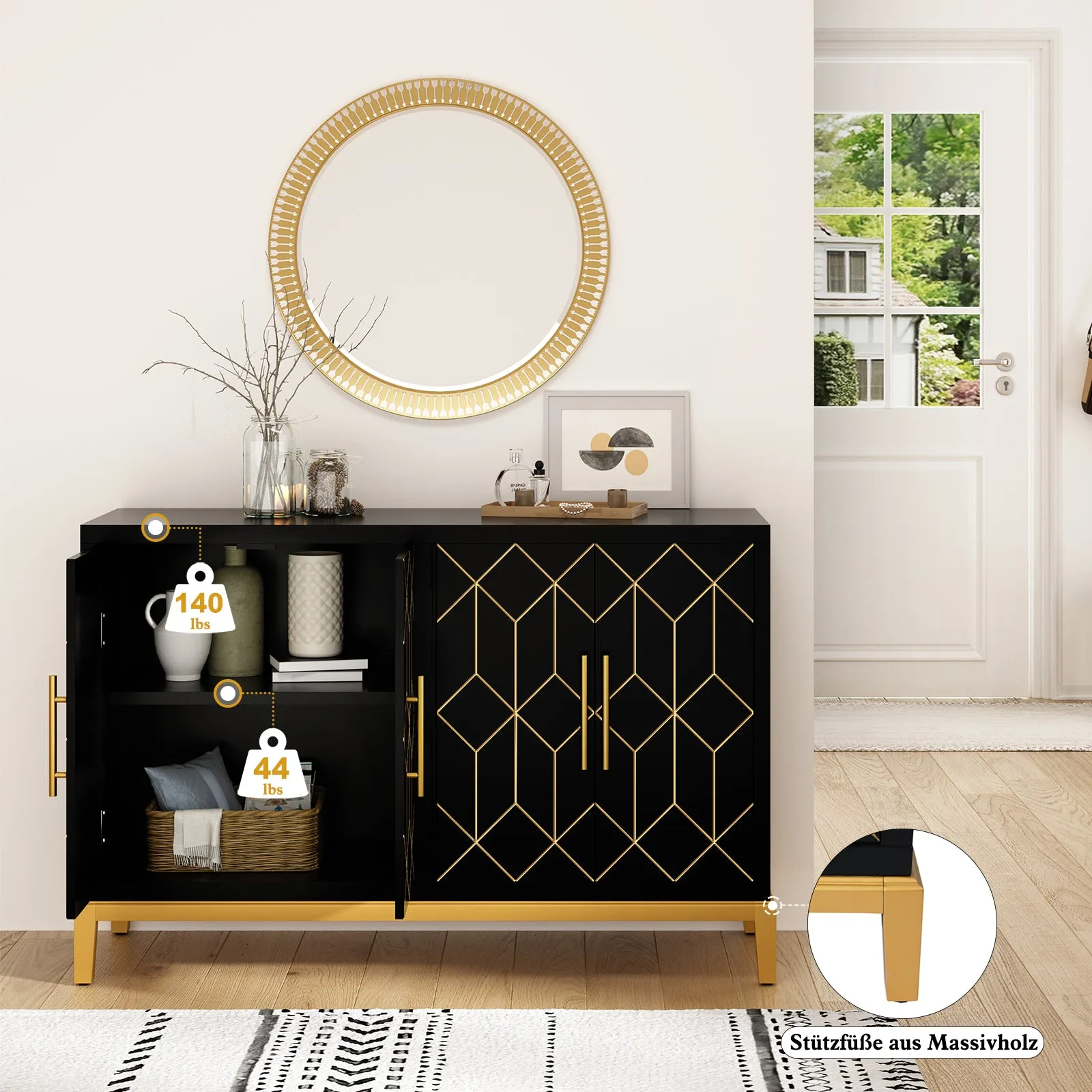 HLR Black 4-Door Modern Credenza with Carved Decor, Multi-Functional Accent Buffet Sideboard for Living Room, Kitchen, Office & Hallway