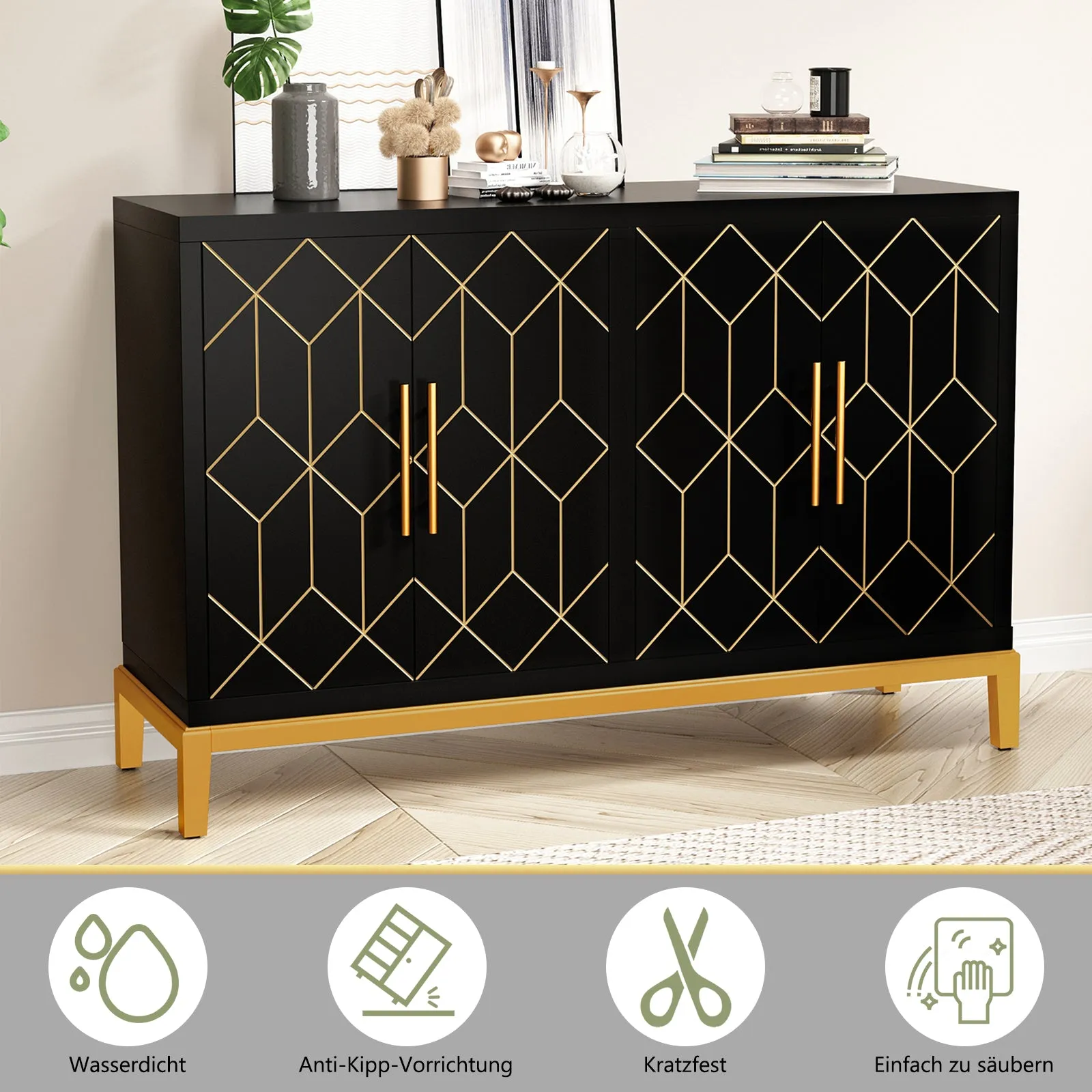 HLR Black 4-Door Modern Credenza with Carved Decor, Multi-Functional Accent Buffet Sideboard for Living Room, Kitchen, Office & Hallway