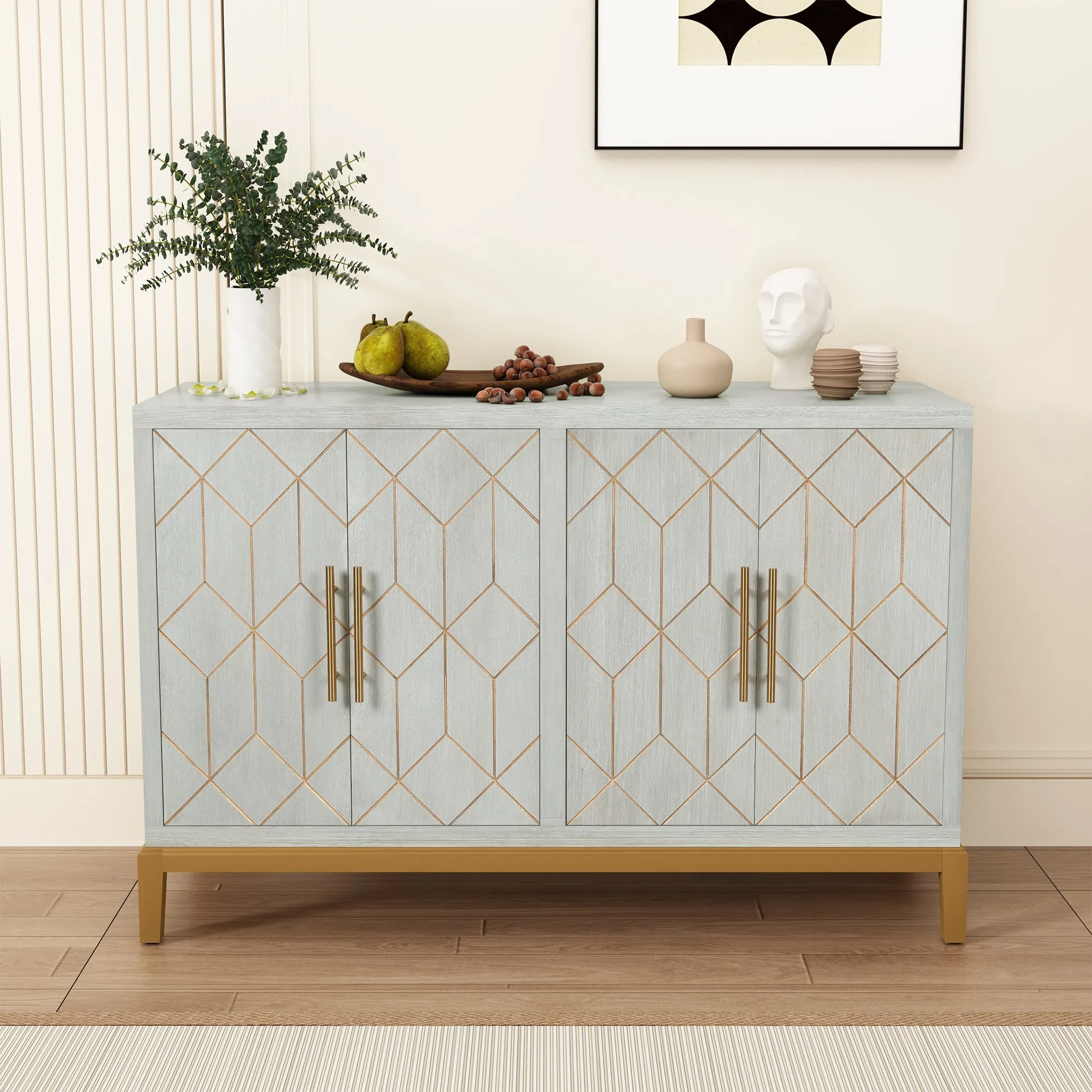 HLR Black 4-Door Modern Credenza with Carved Decor, Multi-Functional Accent Buffet Sideboard for Living Room, Kitchen, Office & Hallway