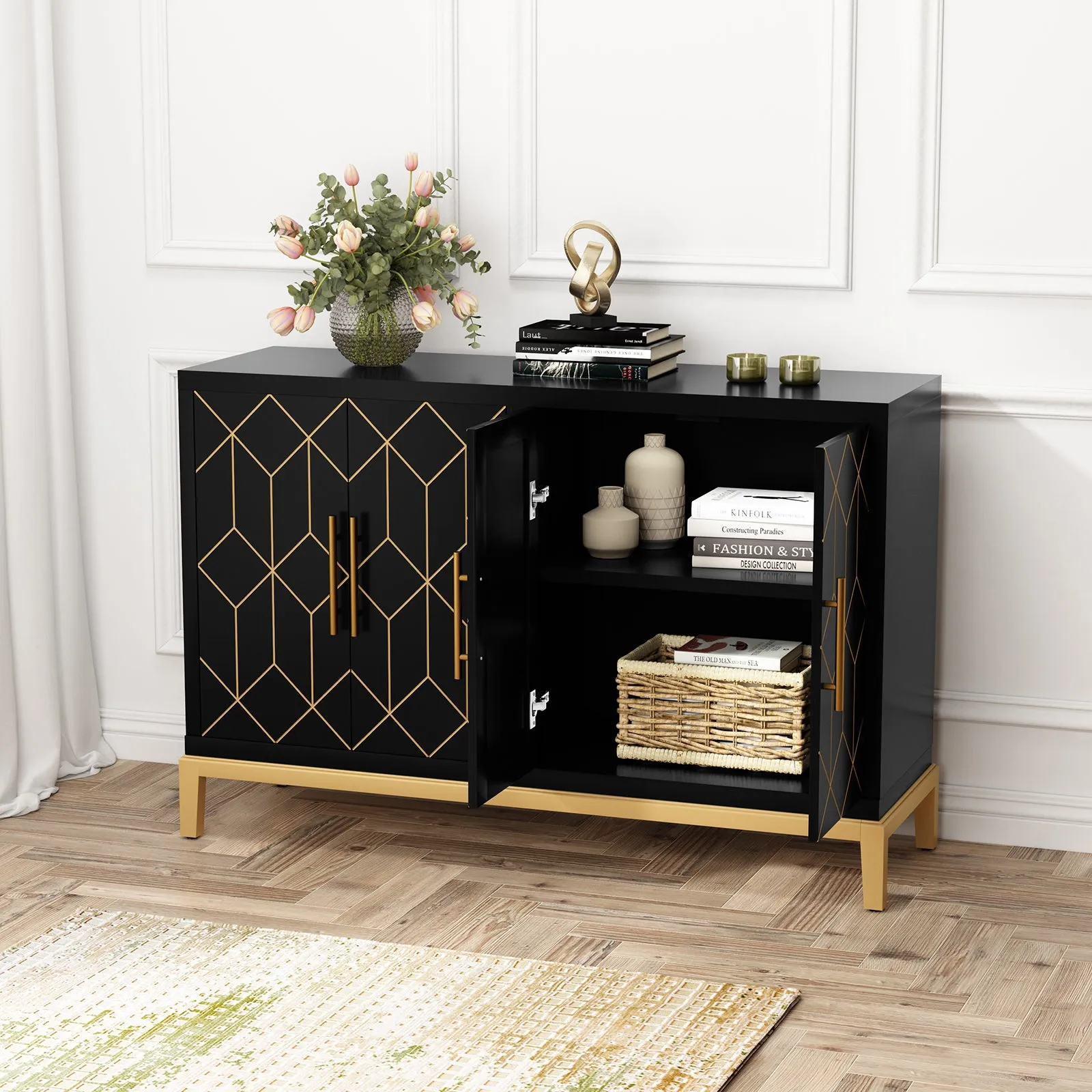 HLR Black 4-Door Modern Credenza with Carved Decor, Multi-Functional Accent Buffet Sideboard for Living Room, Kitchen, Office & Hallway