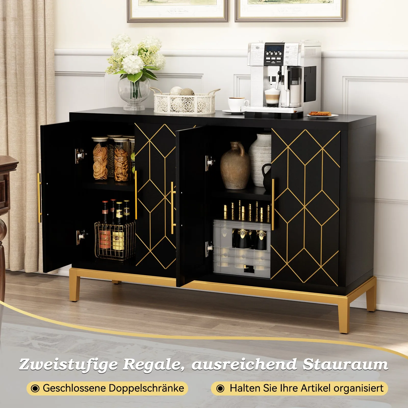 HLR Black 4-Door Modern Credenza with Carved Decor, Multi-Functional Accent Buffet Sideboard for Living Room, Kitchen, Office & Hallway