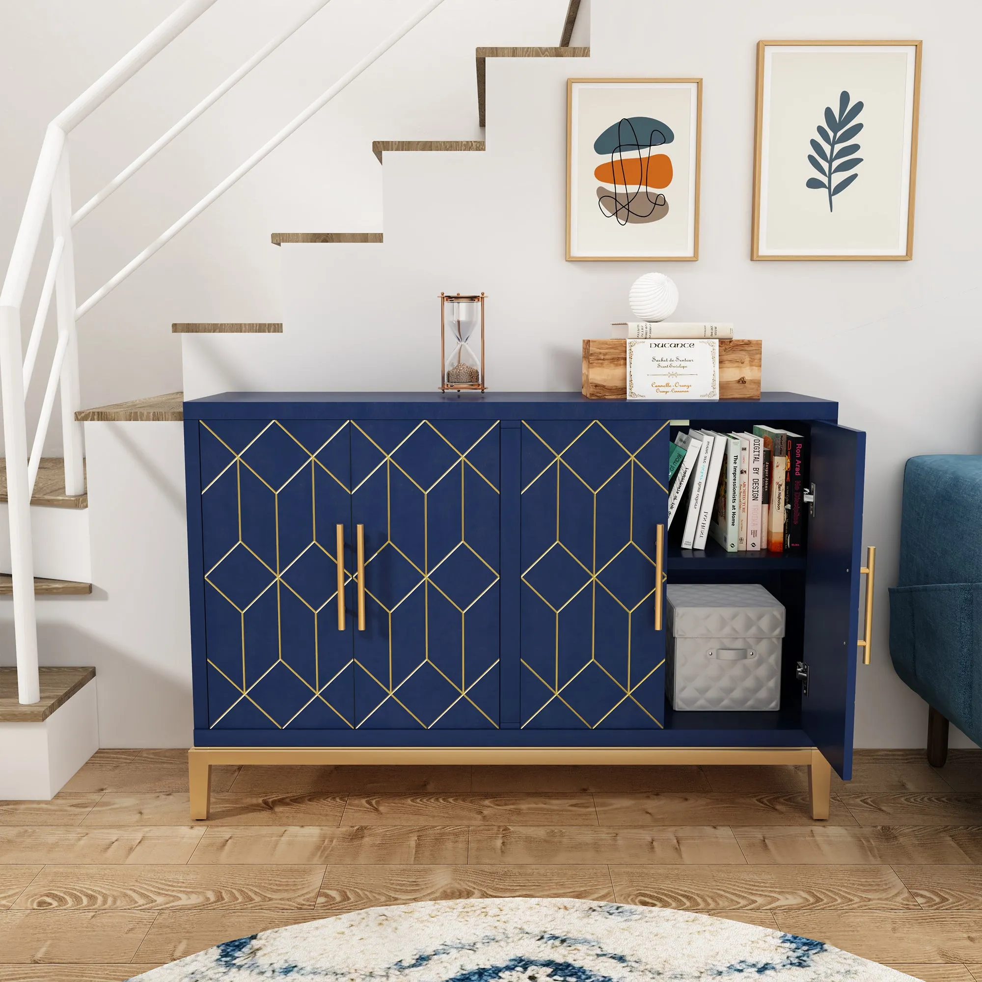 HLR Black 4-Door Modern Credenza with Carved Decor, Multi-Functional Accent Buffet Sideboard for Living Room, Kitchen, Office & Hallway