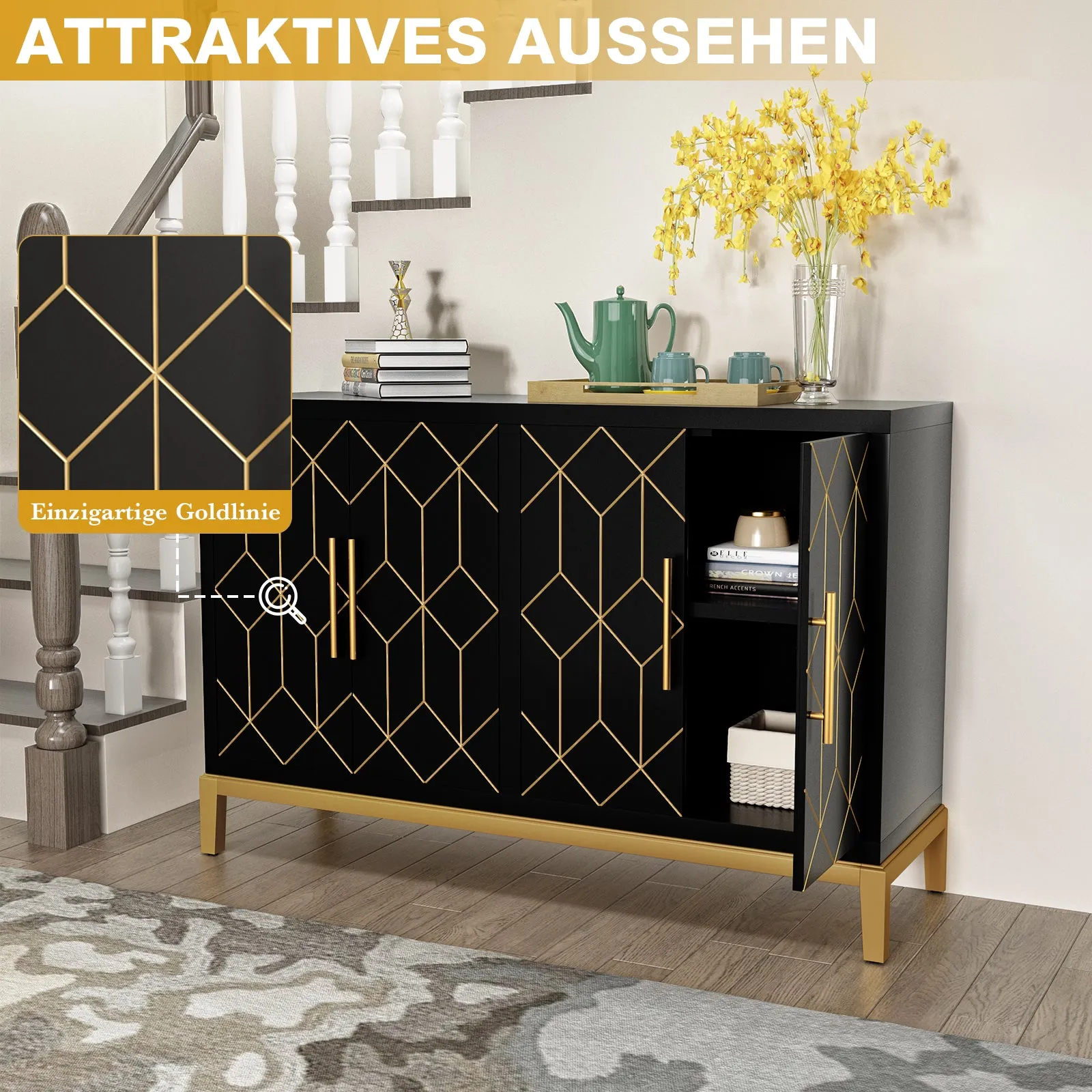 HLR Black 4-Door Modern Credenza with Carved Decor, Multi-Functional Accent Buffet Sideboard for Living Room, Kitchen, Office & Hallway