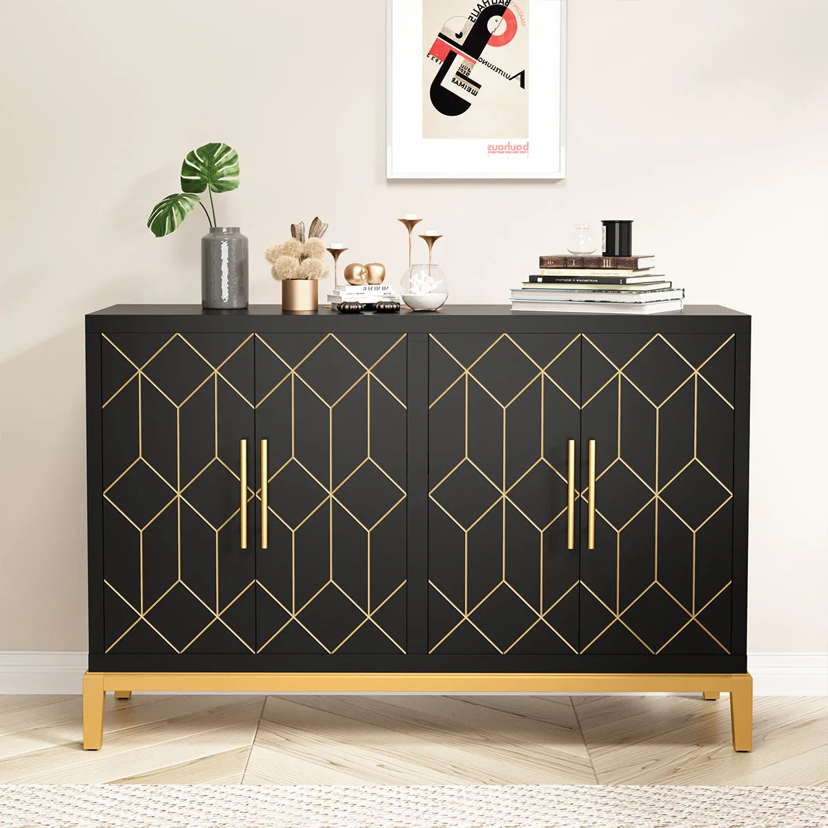 HLR Black 4-Door Modern Credenza with Carved Decor, Multi-Functional Accent Buffet Sideboard for Living Room, Kitchen, Office & Hallway