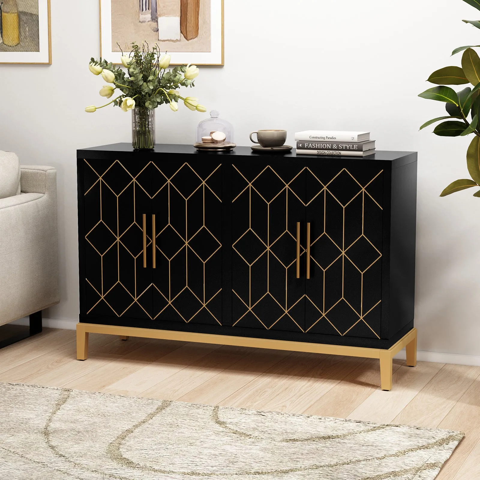 HLR Black 4-Door Modern Credenza with Carved Decor, Multi-Functional Accent Buffet Sideboard for Living Room, Kitchen, Office & Hallway