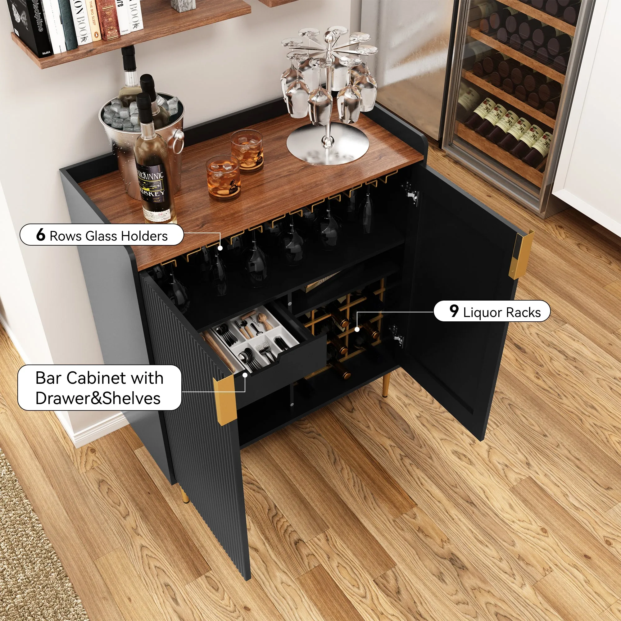 HLR Black Fluted Modern Wine & Liquor Bar Cabinet, Coffee Station with Wine Rack, Glass Holder & Freestanding Buffet Sideboard for Dining & Living Rooms