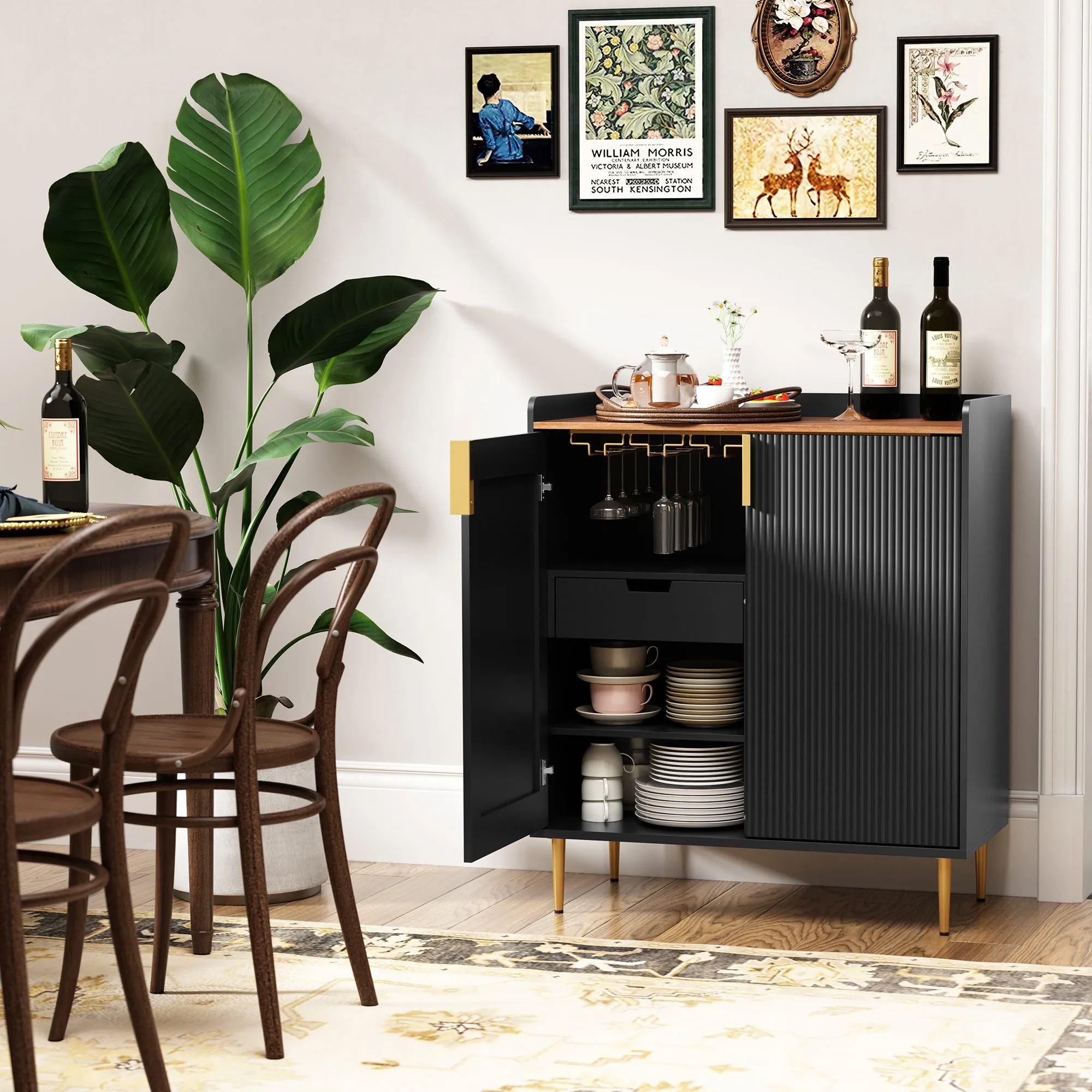 HLR Black Fluted Modern Wine & Liquor Bar Cabinet, Coffee Station with Wine Rack, Glass Holder & Freestanding Buffet Sideboard for Dining & Living Rooms