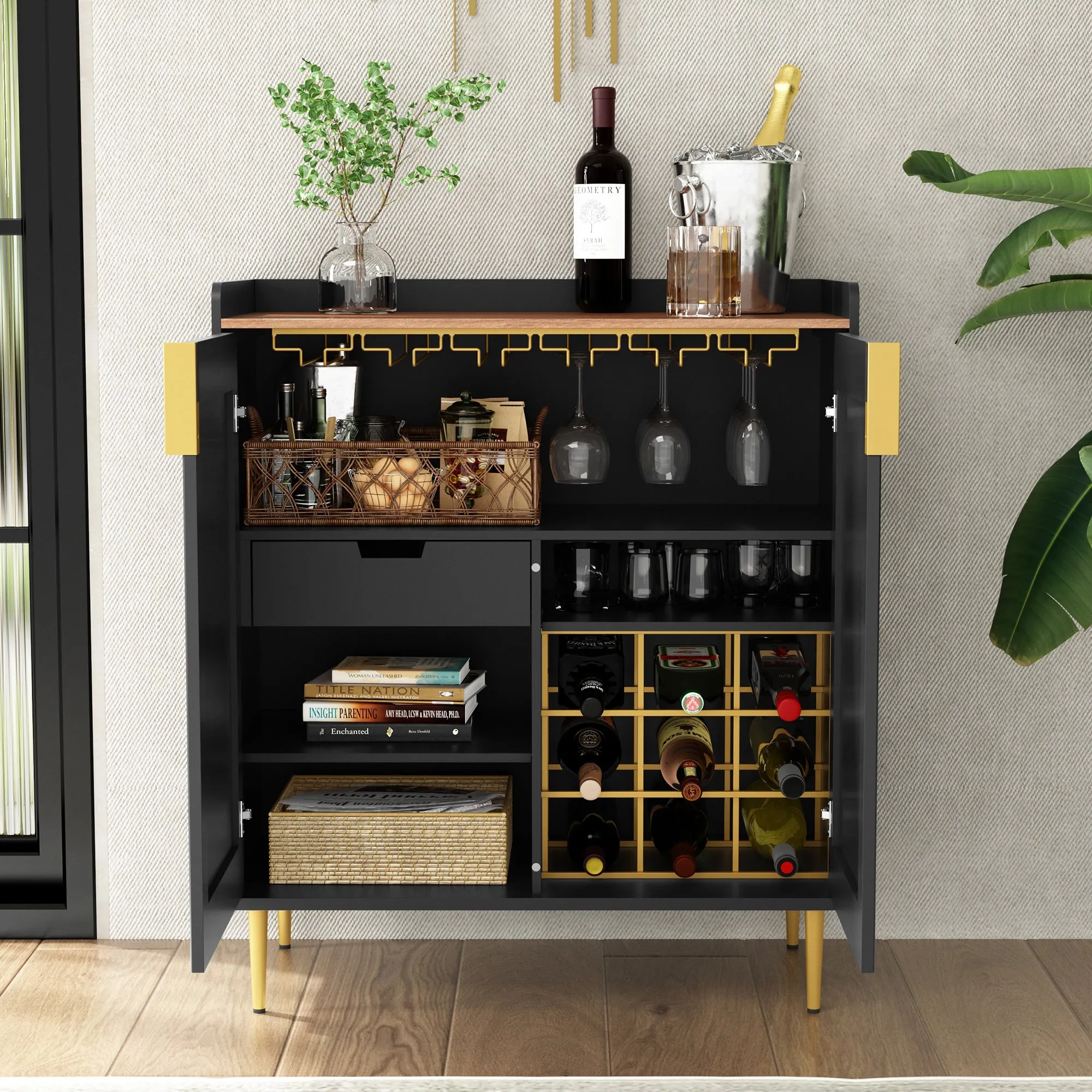 HLR Black Fluted Modern Wine & Liquor Bar Cabinet, Coffee Station with Wine Rack, Glass Holder & Freestanding Buffet Sideboard for Dining & Living Rooms