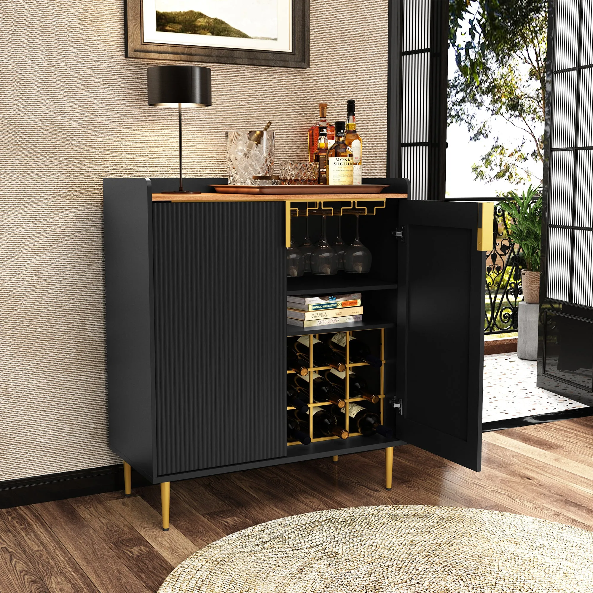 HLR Black Fluted Modern Wine & Liquor Bar Cabinet, Coffee Station with Wine Rack, Glass Holder & Freestanding Buffet Sideboard for Dining & Living Rooms