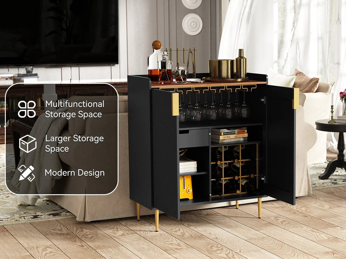 HLR Black Fluted Modern Wine & Liquor Bar Cabinet, Coffee Station with Wine Rack, Glass Holder & Freestanding Buffet Sideboard for Dining & Living Rooms