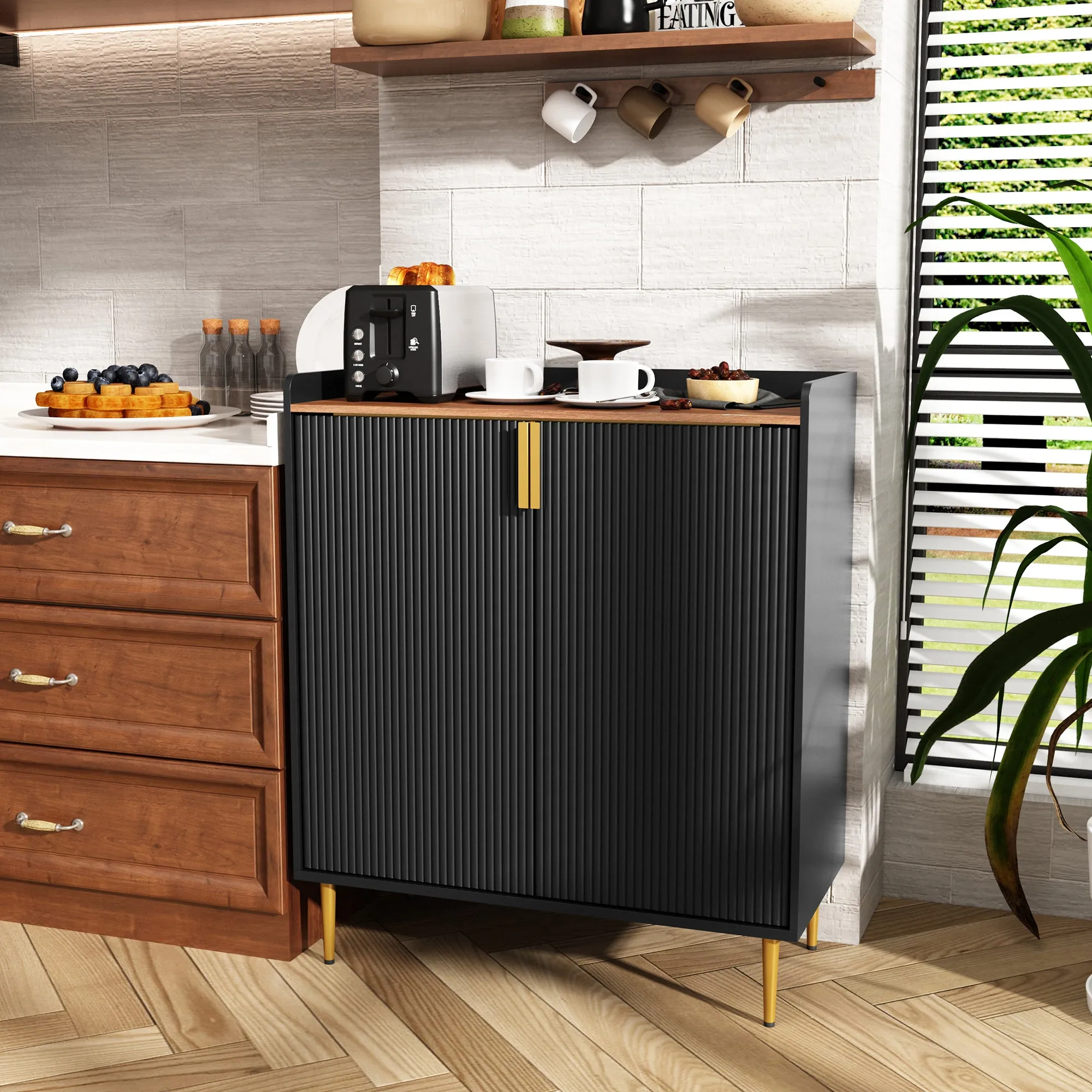 HLR Black Fluted Modern Wine & Liquor Bar Cabinet, Coffee Station with Wine Rack, Glass Holder & Freestanding Buffet Sideboard for Dining & Living Rooms