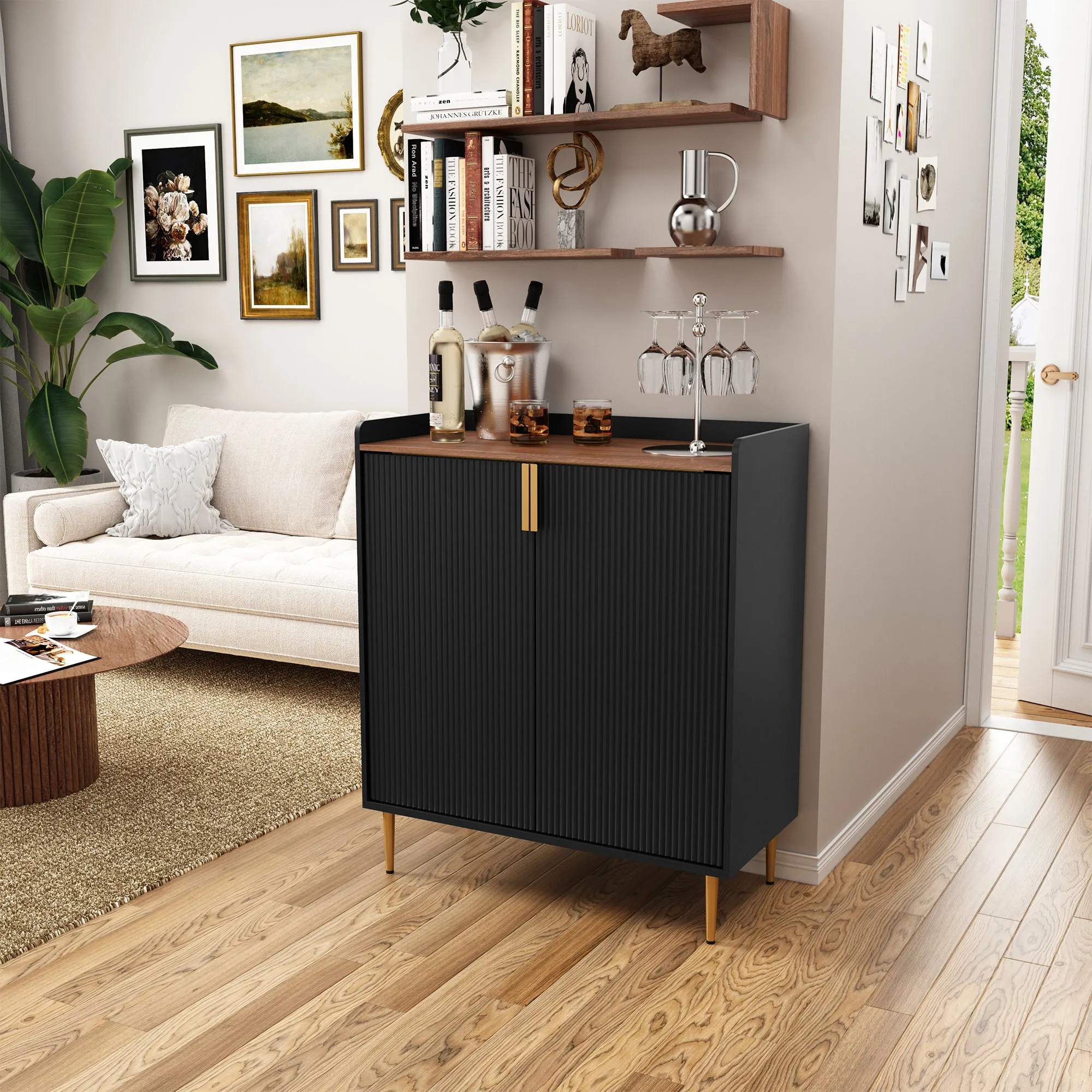 HLR Black Fluted Modern Wine & Liquor Bar Cabinet, Coffee Station with Wine Rack, Glass Holder & Freestanding Buffet Sideboard for Dining & Living Rooms