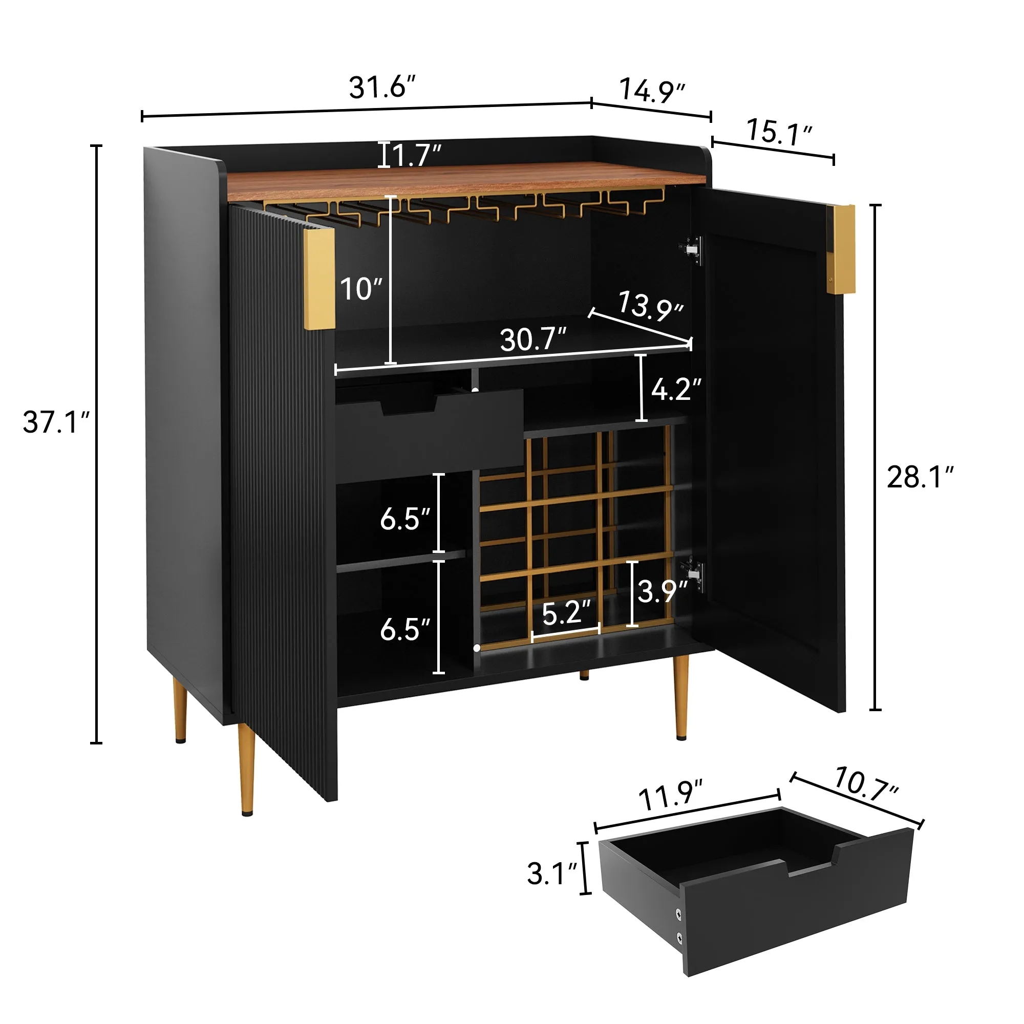 HLR Black Fluted Modern Wine & Liquor Bar Cabinet, Coffee Station with Wine Rack, Glass Holder & Freestanding Buffet Sideboard for Dining & Living Rooms
