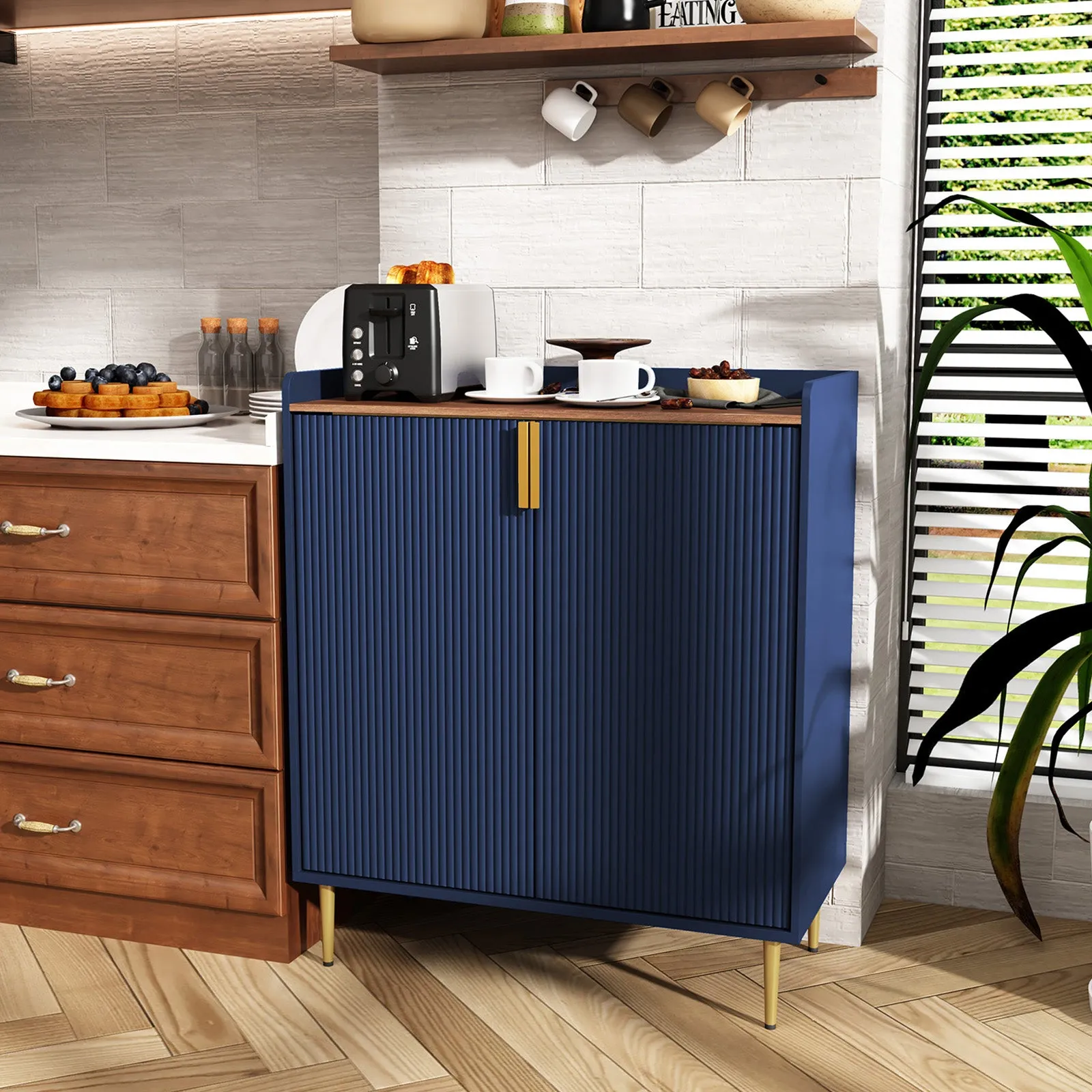 HLR Blue Fluted Modern Wine & Liquor Bar Cabinet, Coffee Station with Wine Rack, Glass Holder & Freestanding Buffet Sideboard for Dining & Living Rooms