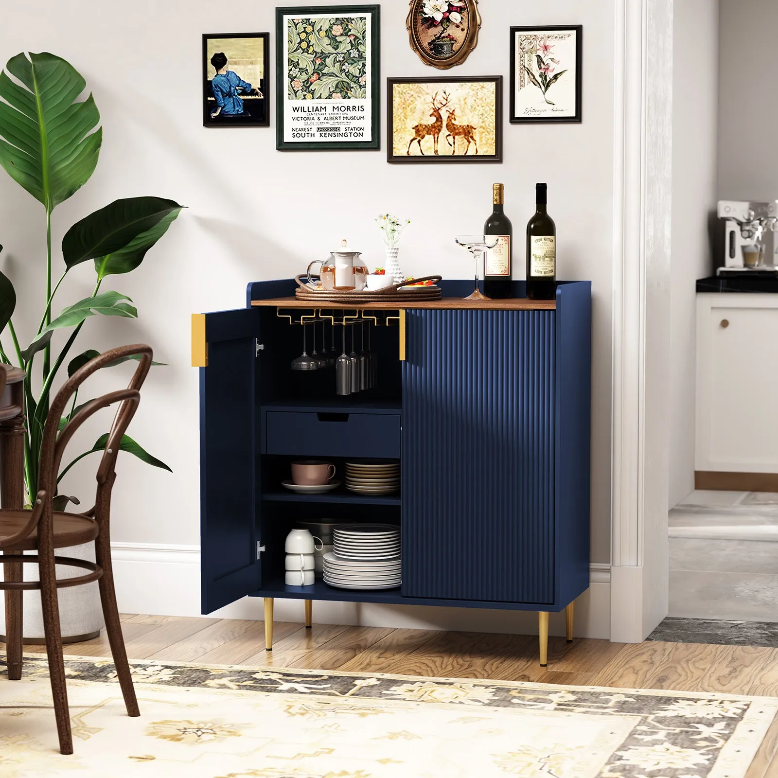 HLR Blue Fluted Modern Wine & Liquor Bar Cabinet, Coffee Station with Wine Rack, Glass Holder & Freestanding Buffet Sideboard for Dining & Living Rooms
