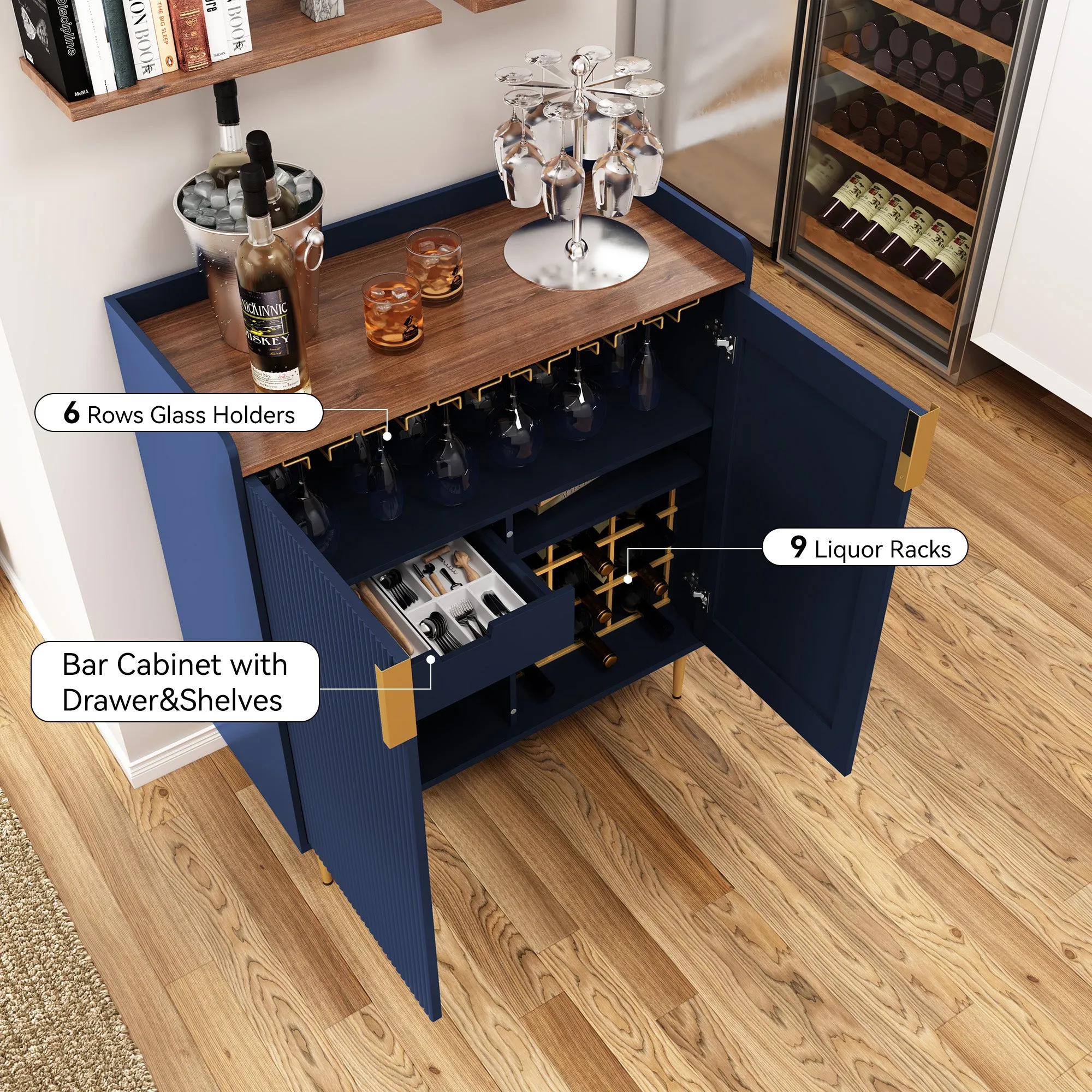 HLR Blue Fluted Modern Wine & Liquor Bar Cabinet, Coffee Station with Wine Rack, Glass Holder & Freestanding Buffet Sideboard for Dining & Living Rooms