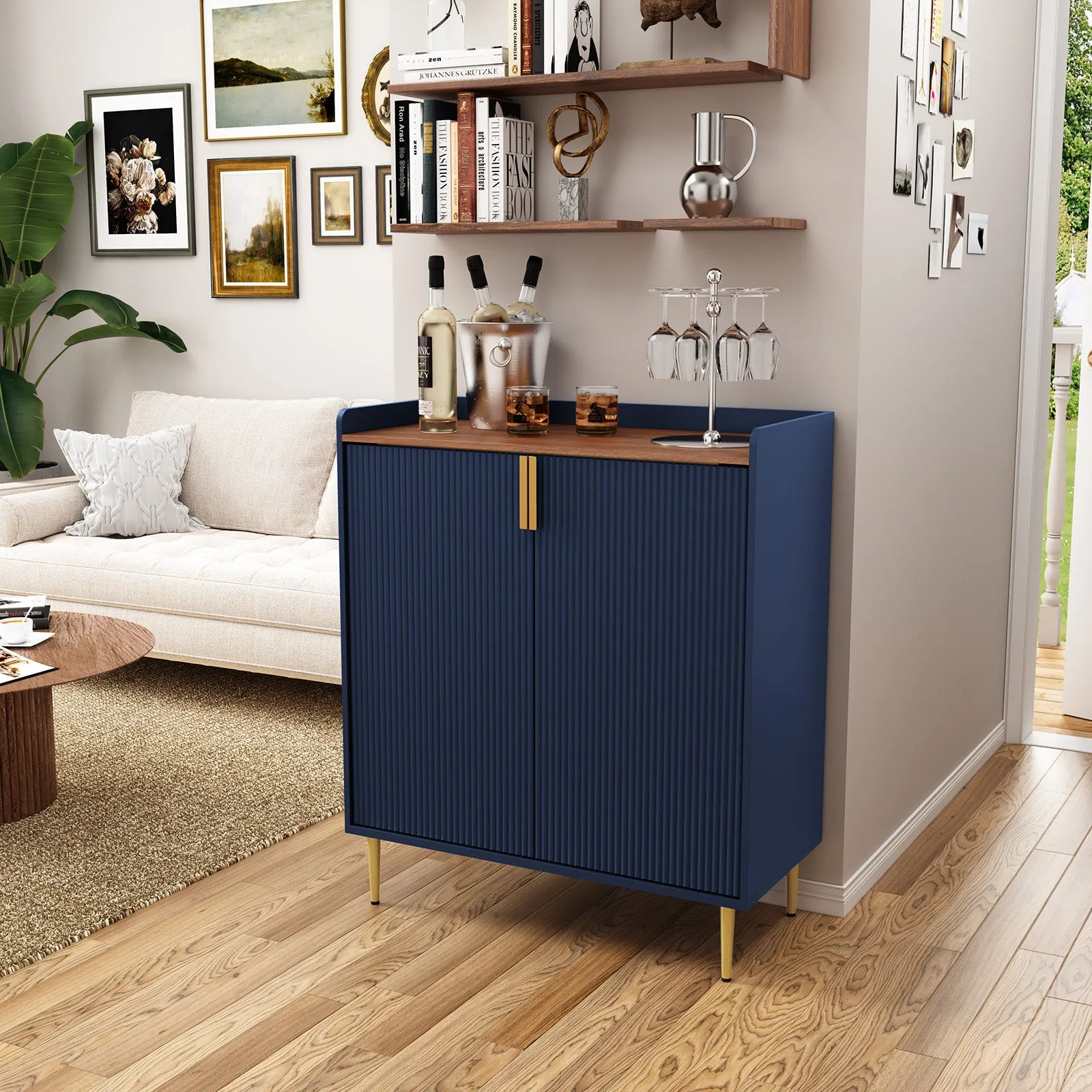 HLR Blue Fluted Modern Wine & Liquor Bar Cabinet, Coffee Station with Wine Rack, Glass Holder & Freestanding Buffet Sideboard for Dining & Living Rooms